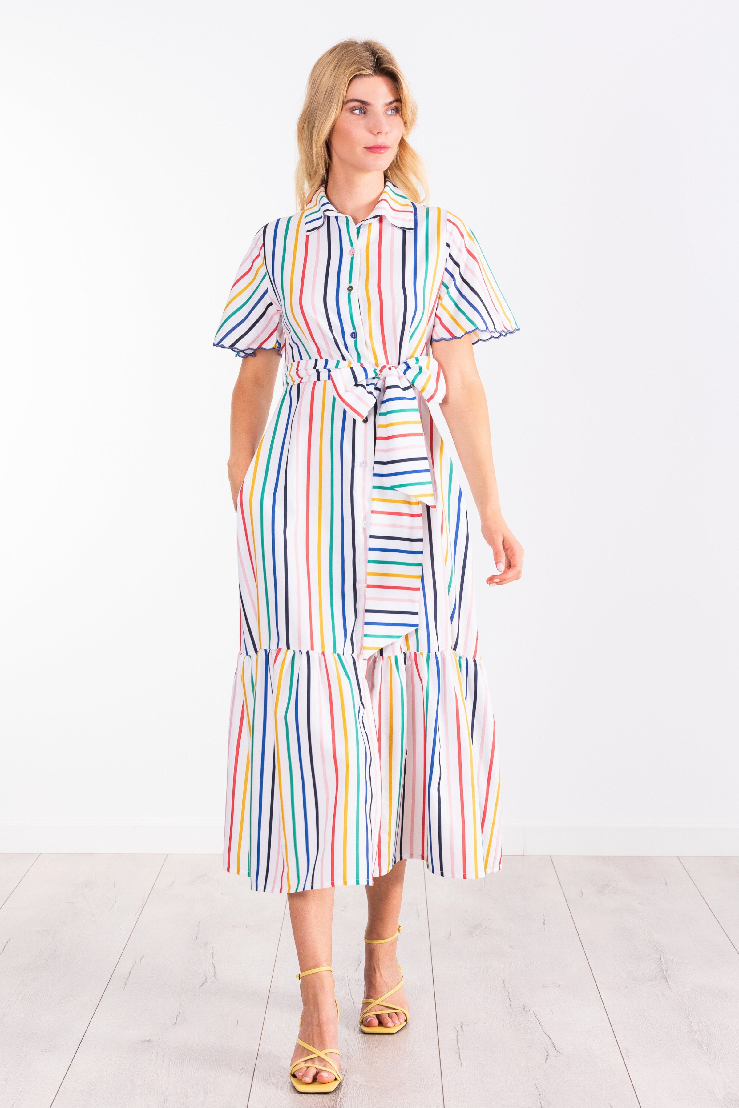 Vestido blanco estampado rayas multicolor camisero largo LolitasyL - lolitasyl.com