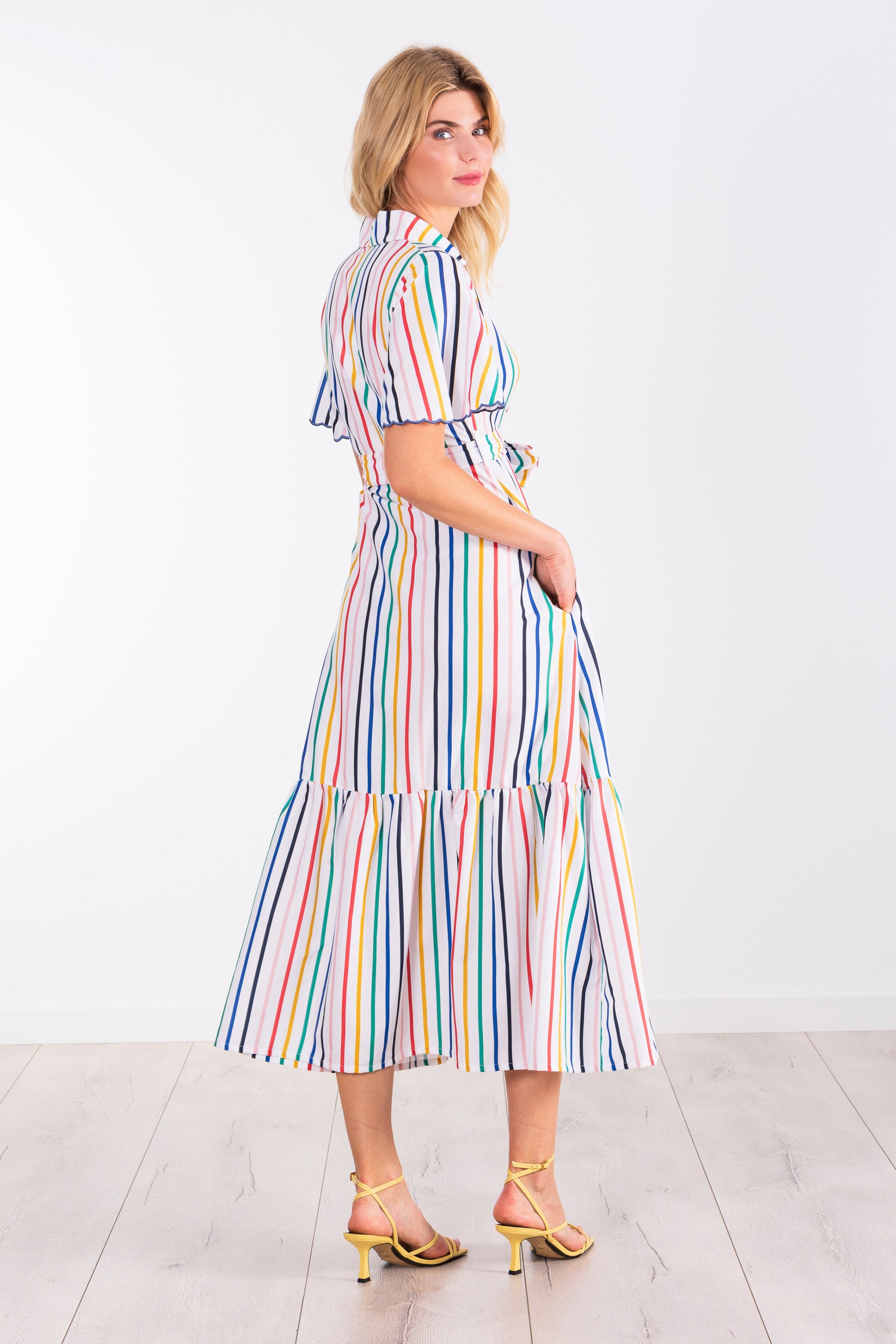 Vestido blanco estampado rayas multicolor camisero largo LolitasyL - lolitasyl.com