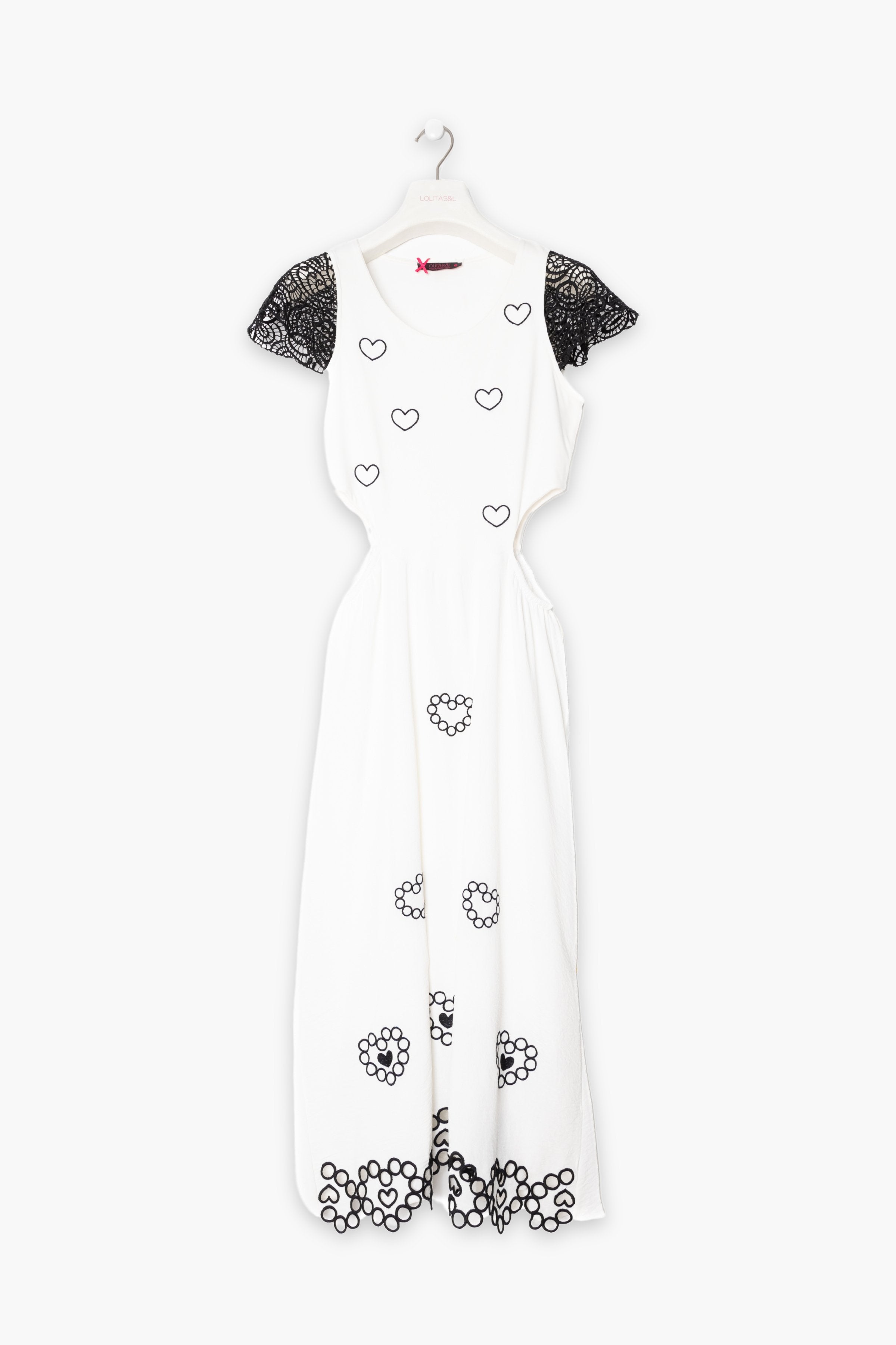 Vestido blanco largo bordado corazones con mangas de grogre LolitasyL - lolitasyl.com