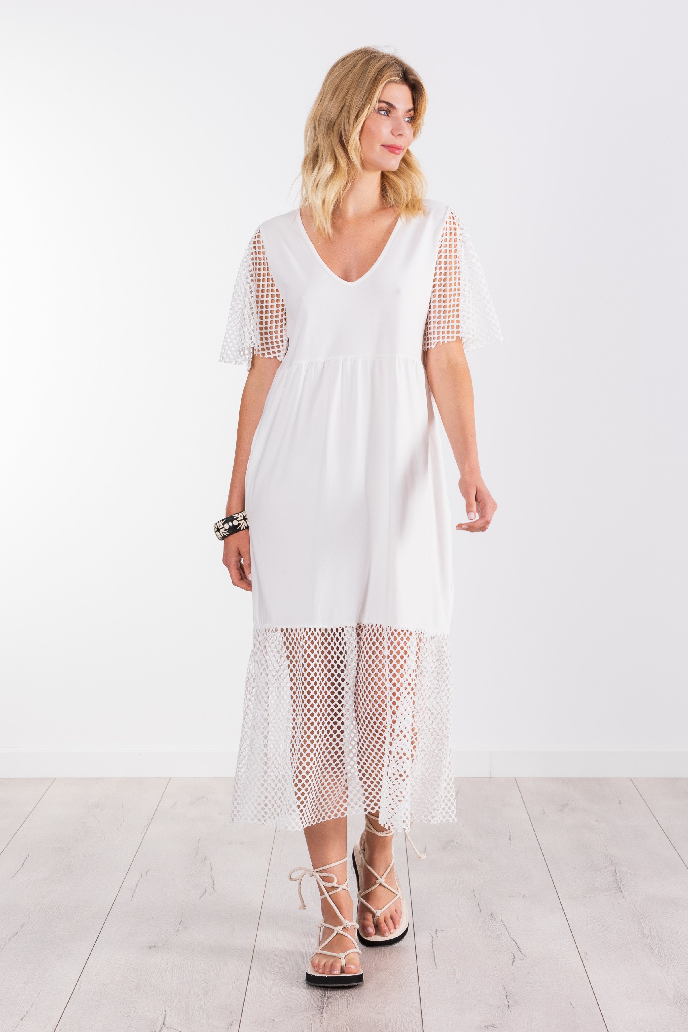 Vestido blanco largo mixto con rejilla y algodon LolitasyL - lolitasyl.com