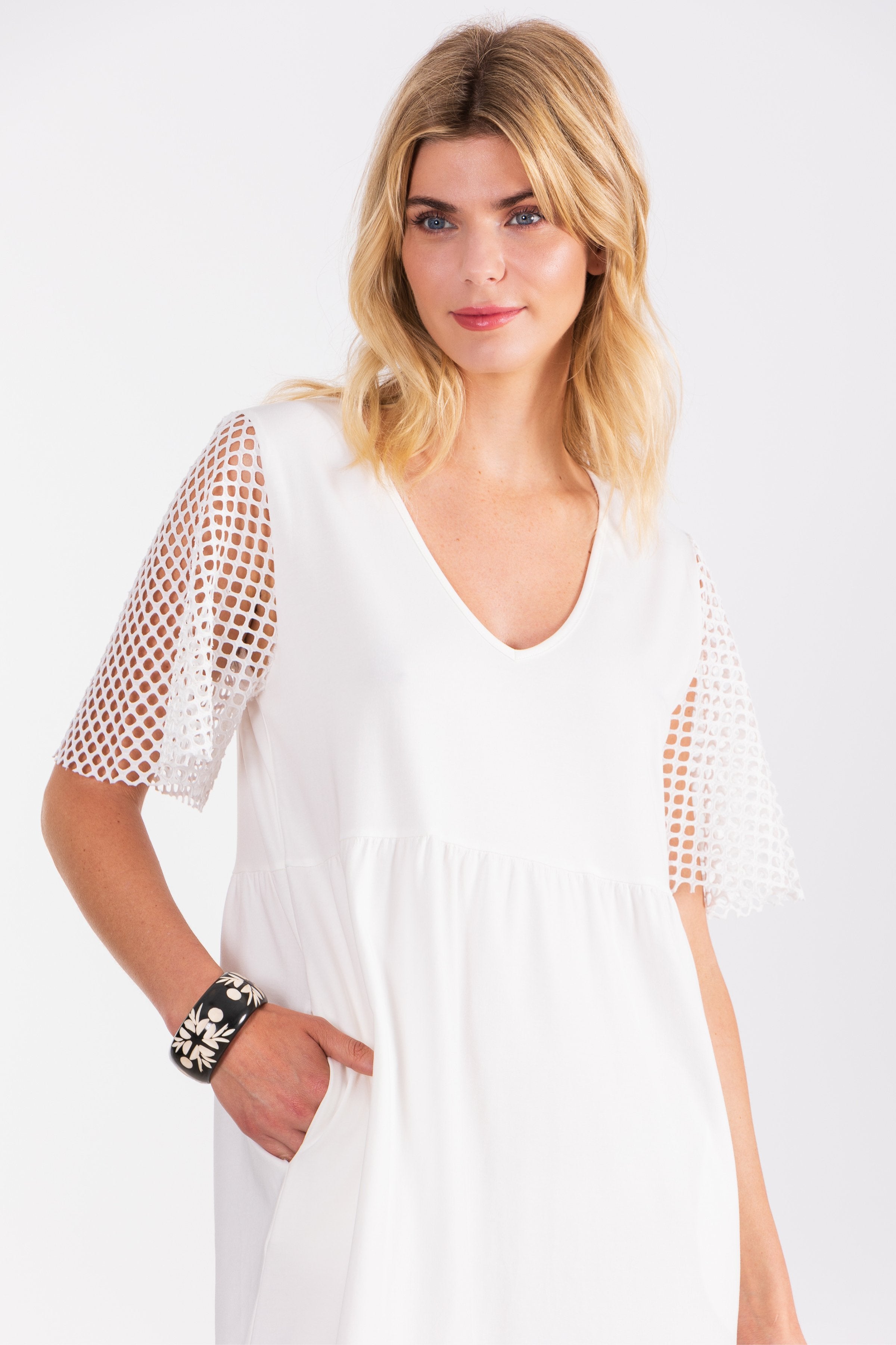 Vestido blanco largo mixto con rejilla y algodon LolitasyL - lolitasyl.com