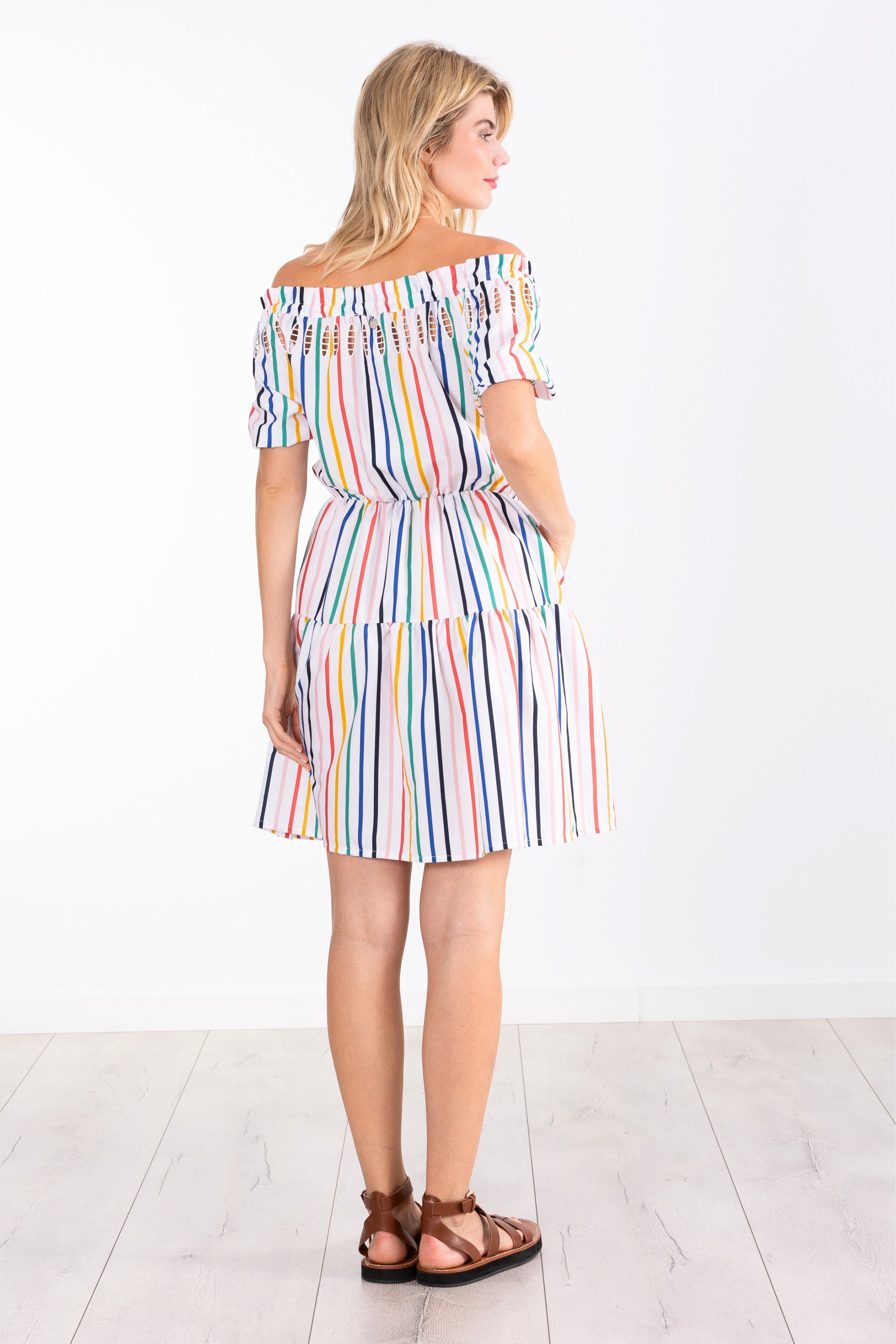 Vestido blanco multirrayas palabra de honor con bordado LolitasyL - lolitasyl.com