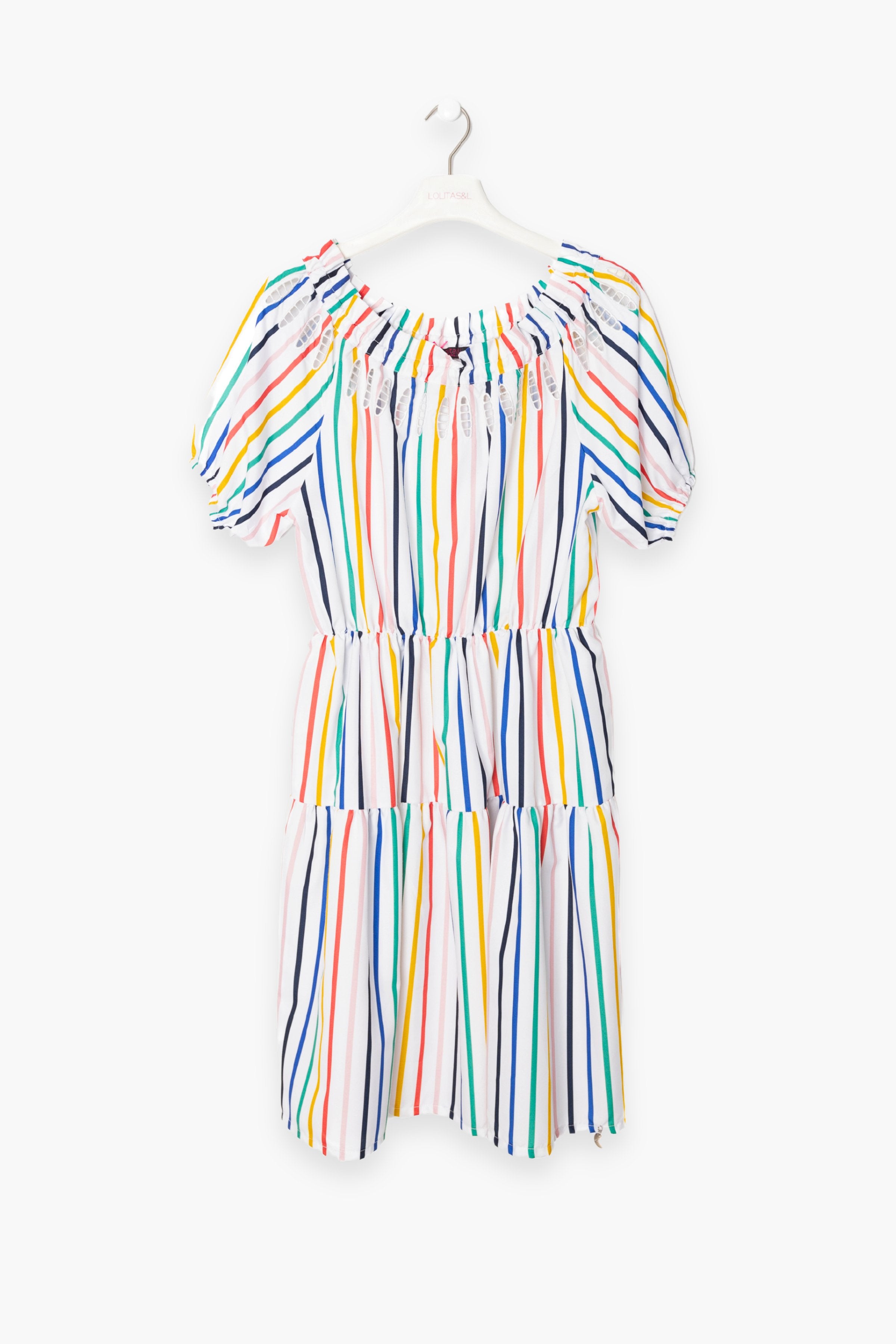 Vestido blanco multirrayas palabra de honor con bordado LolitasyL - lolitasyl.com