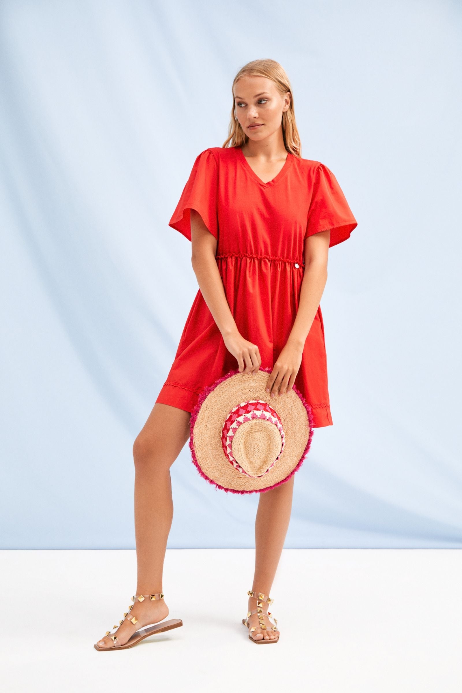 Vestido coral corto escote pico con goma en la cintura Lolitas&L - lolitasyl.com