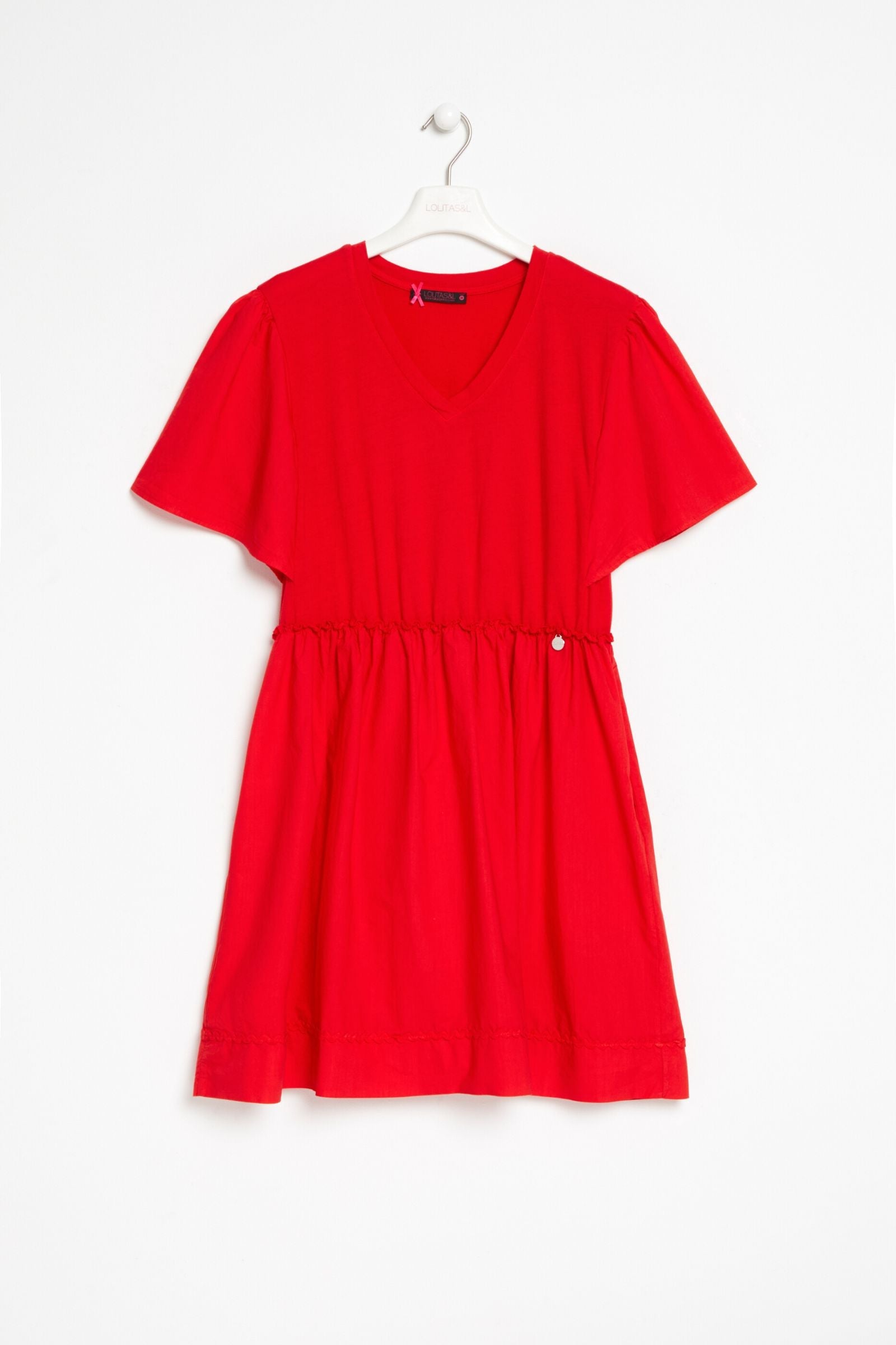 Vestido coral corto escote pico con goma en la cintura Lolitas&L - lolitasyl.com