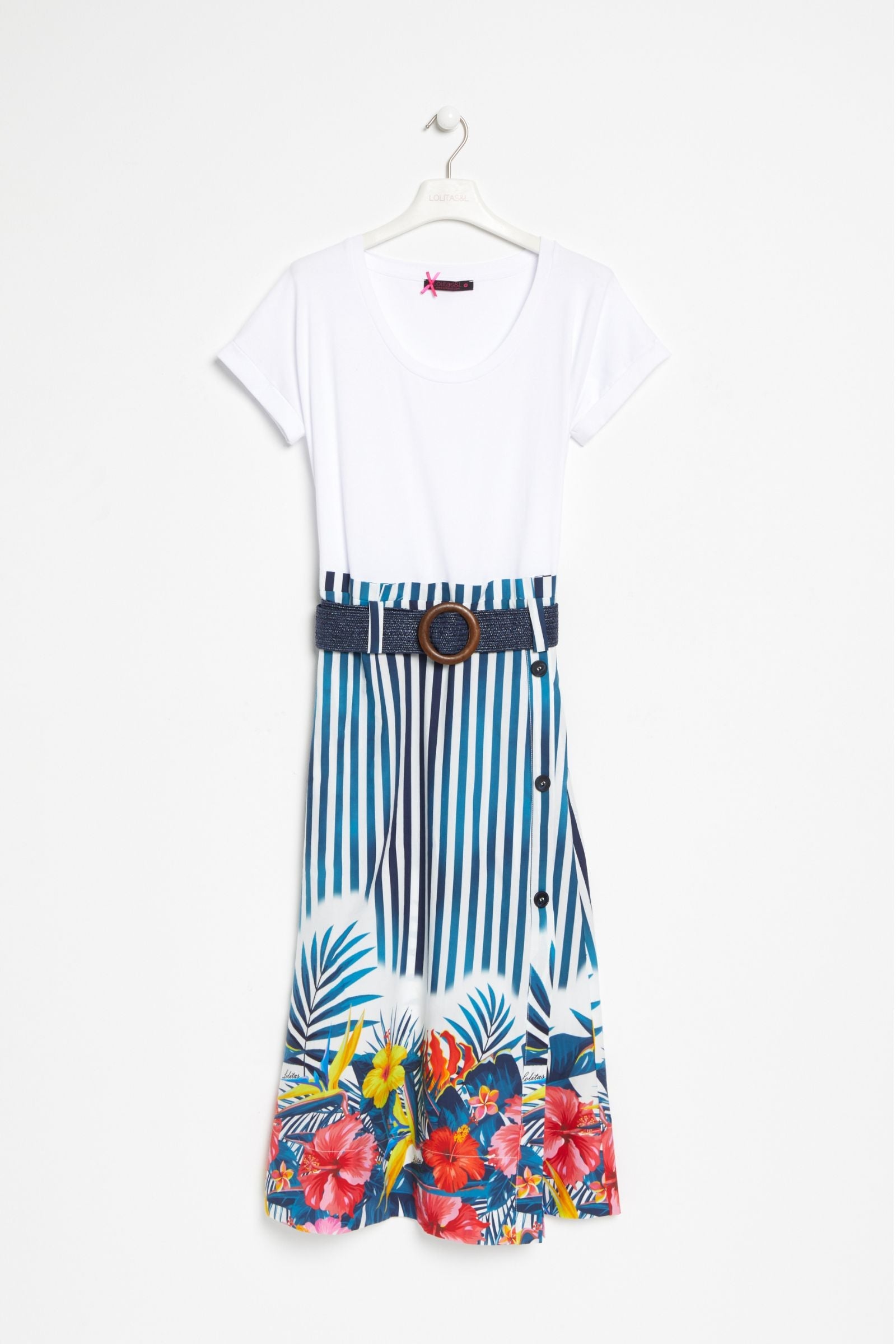 Vestido largo con falda estampada rayas y cinturon LolitasyL - lolitasyl.com