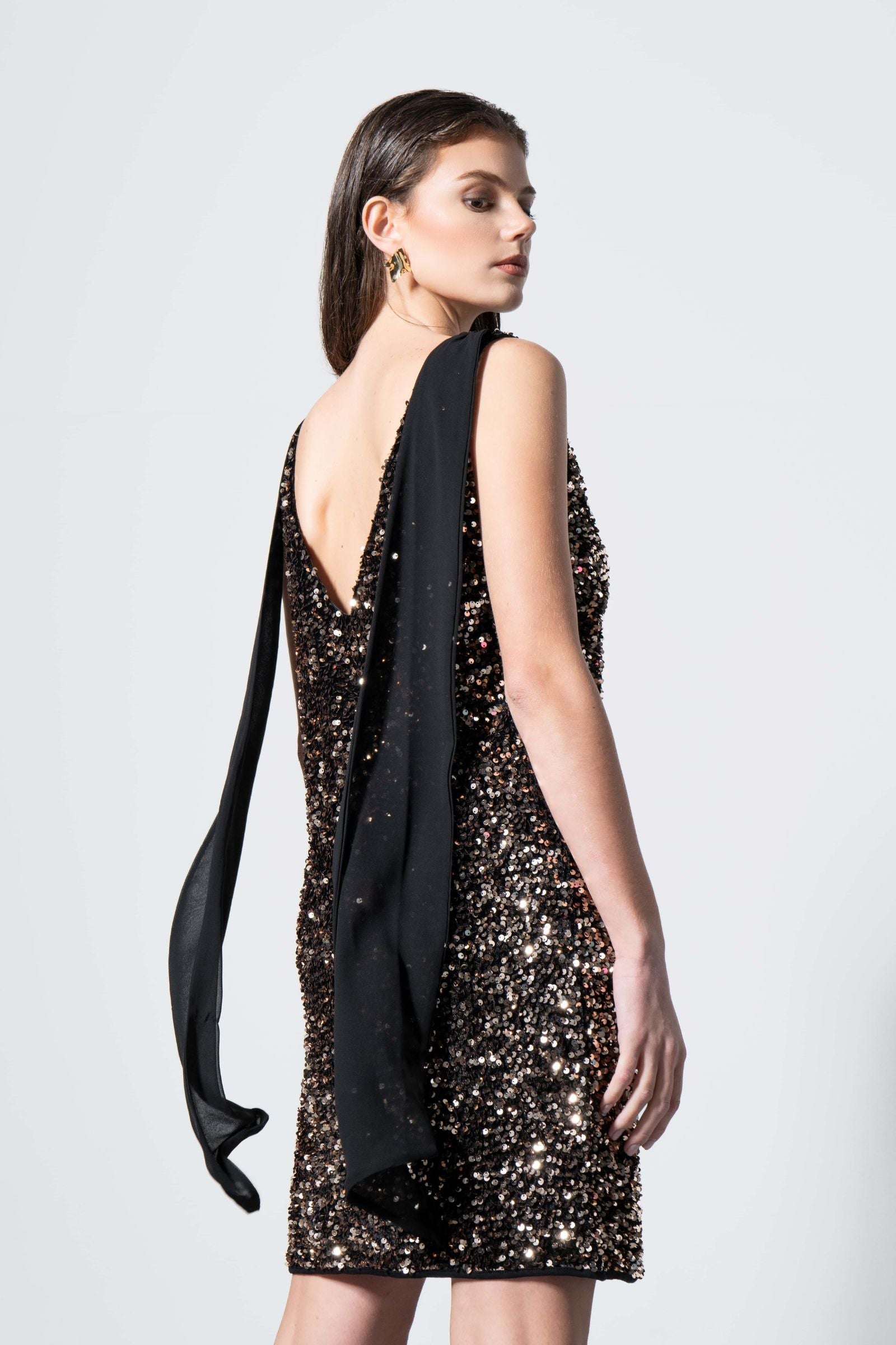 Vestido marrón corto lentejuelas con capa de gasa LolitasyL - lolitasyl.com