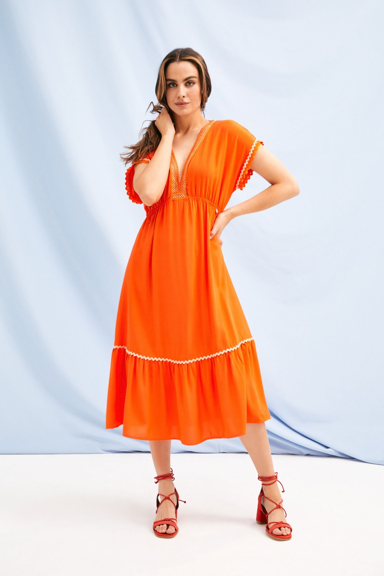 Vestido naranja largo escote amplio con picueta Lolitas&L - lolitasyl.com