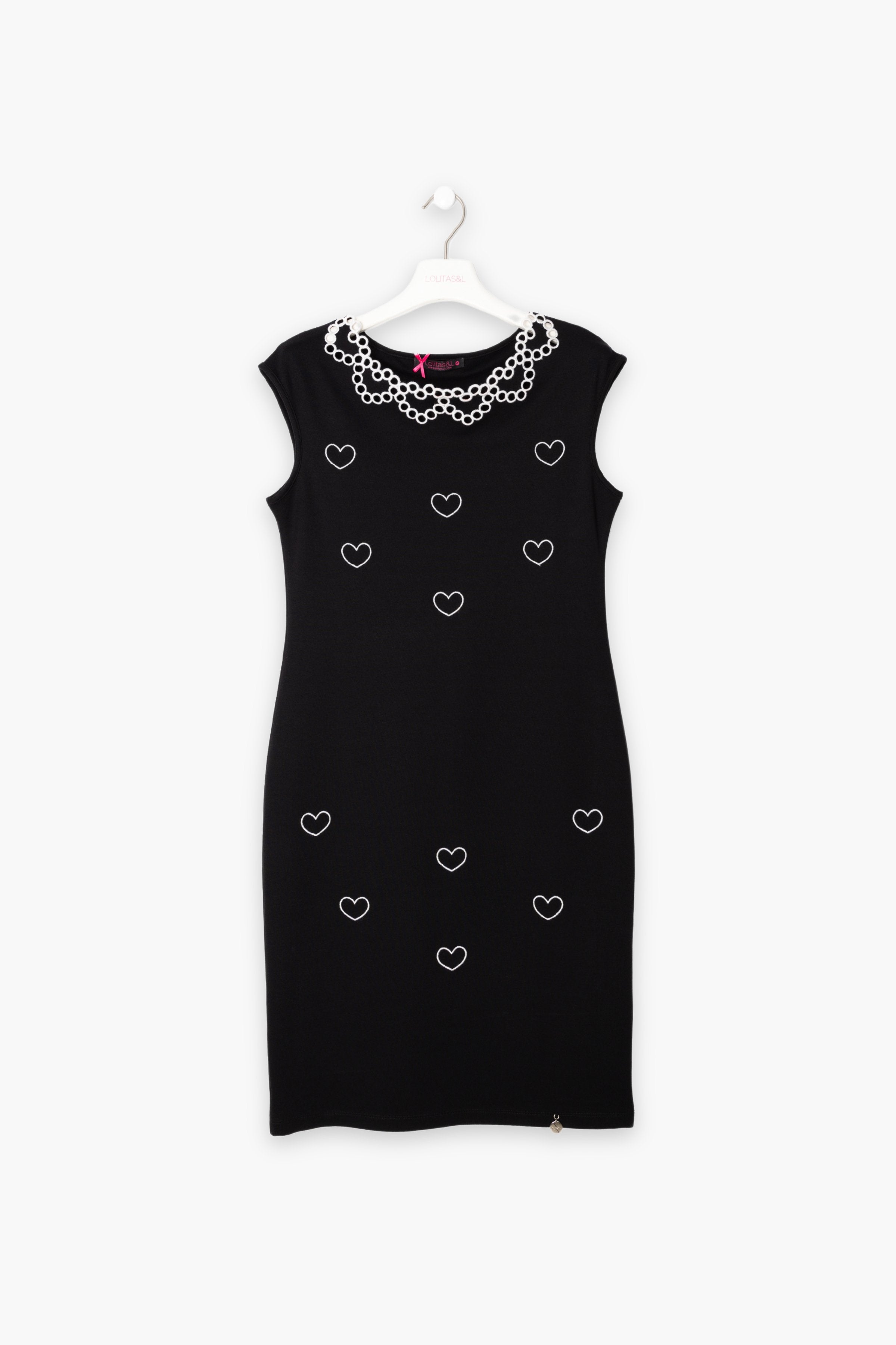 Vestido negro corto ajustado con bordado corazones LolitasyL - lolitasyl.com