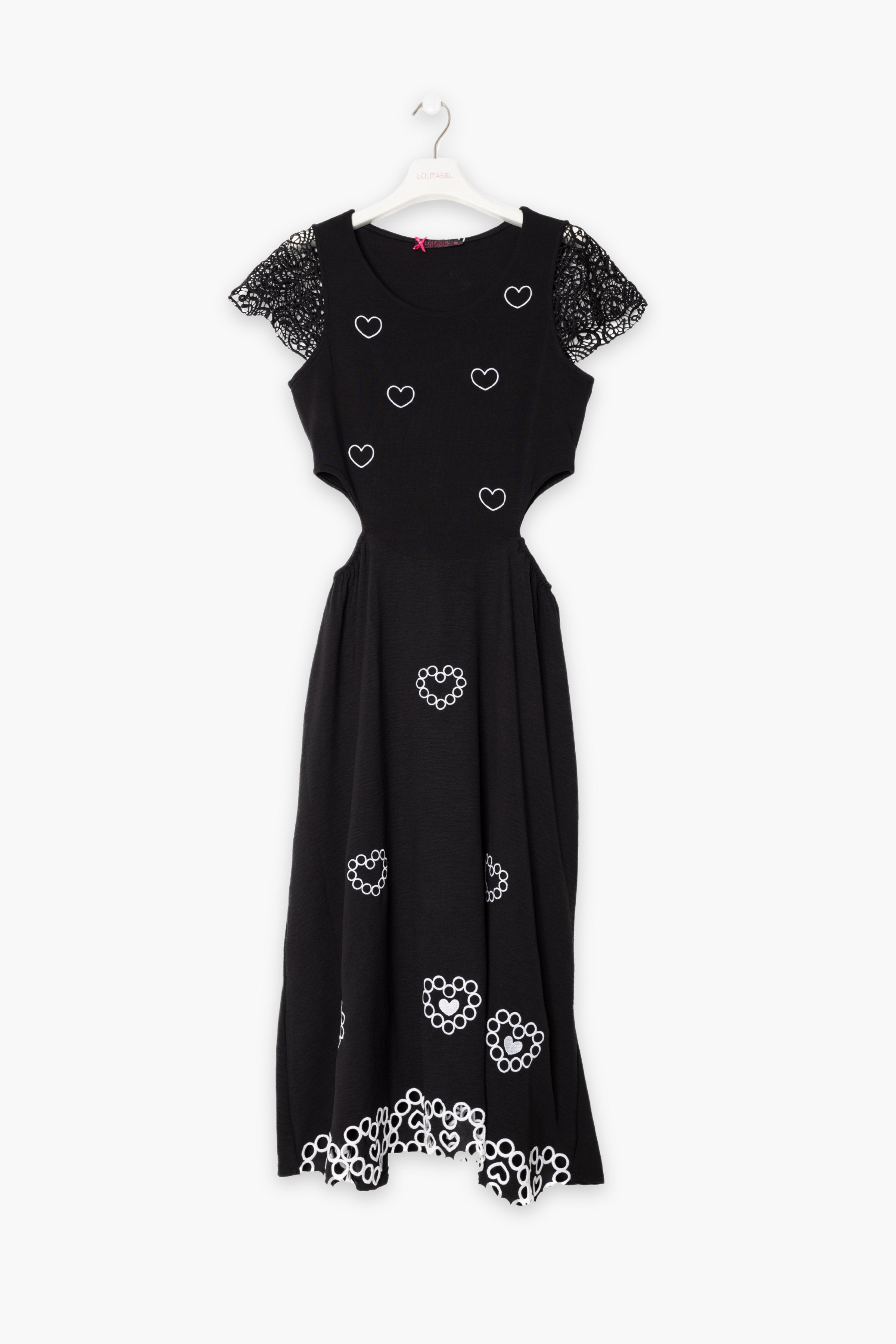 Vestido negro largo bordado corazones con mangas de grogre LolitasyL - lolitasyl.com