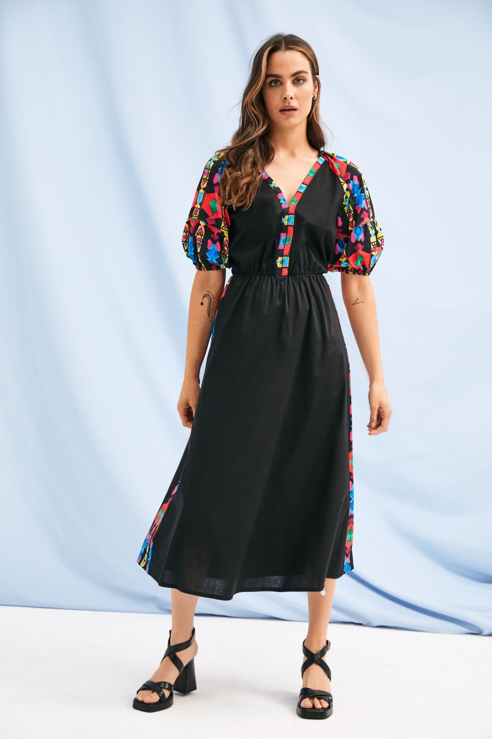 Vestido negro largo mangas abullonadas con estampado Ethic Lolitas&L - lolitasyl.com