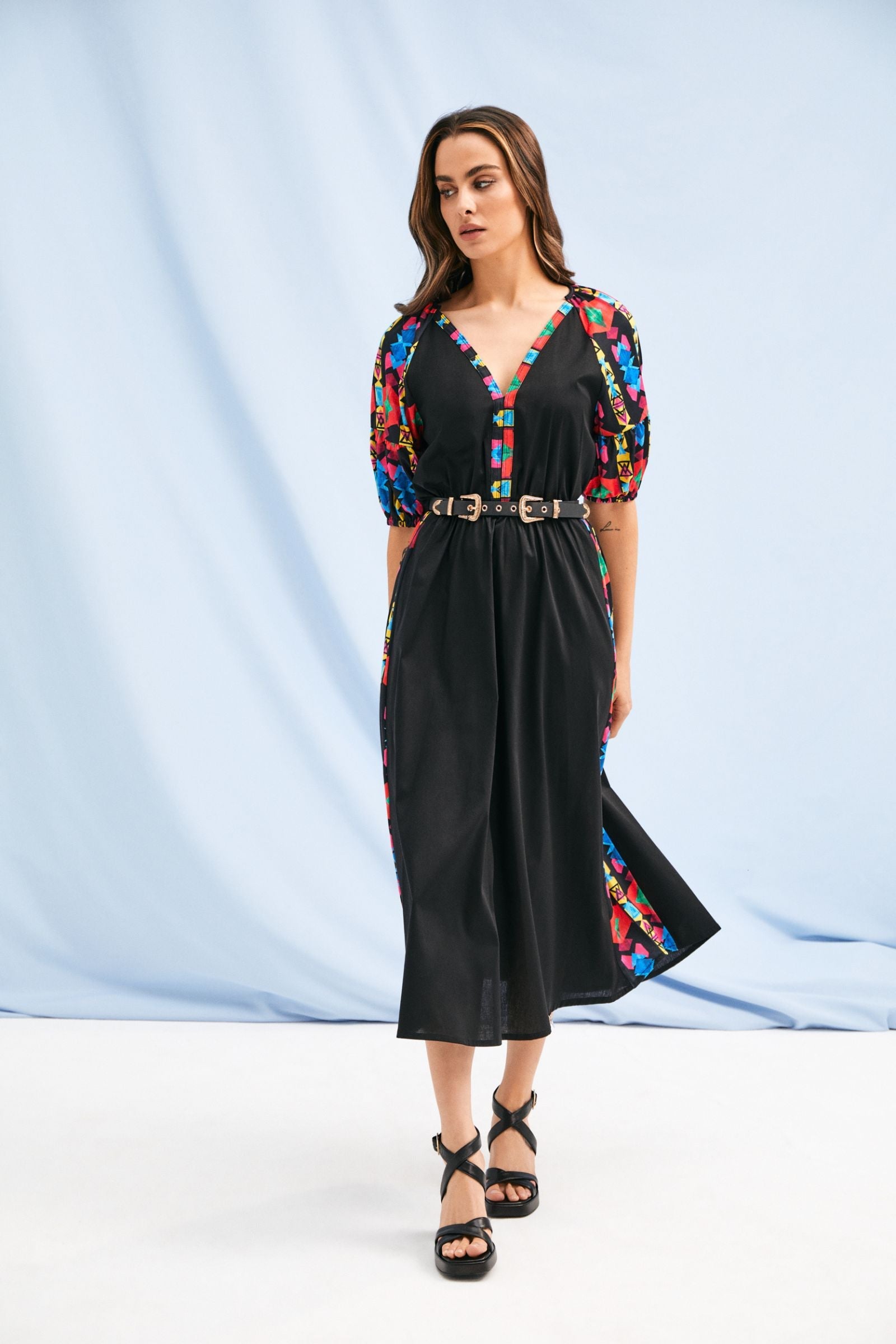 Vestido negro largo mangas abullonadas con estampado Ethic Lolitas&L - lolitasyl.com