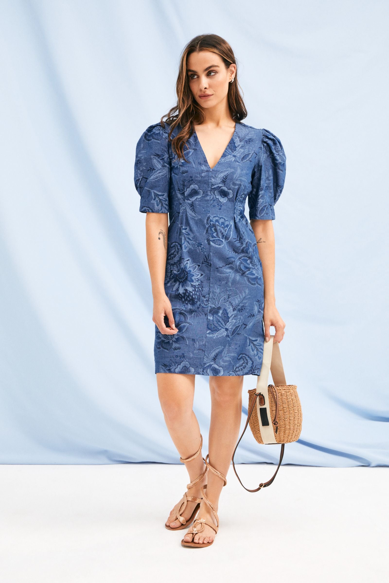 Vestido vaquero estampado flores con manga farol Lolitas&L - lolitasyl.com