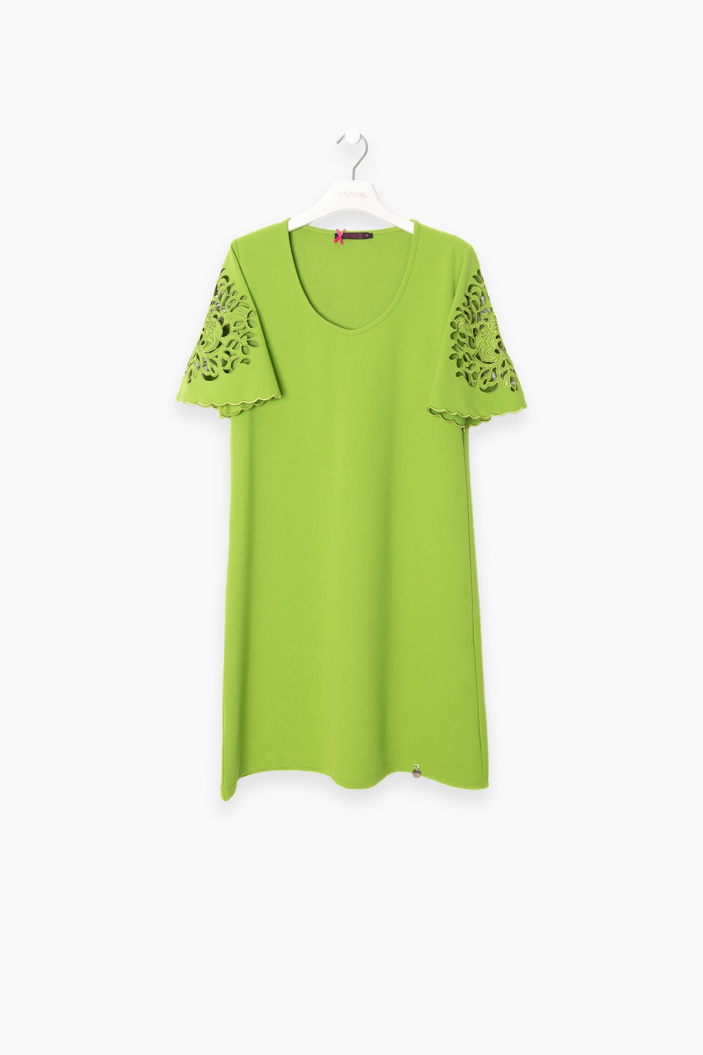 Vestido Verde corto con bordado en manga al codo LolitasyL - lolitasyl.com