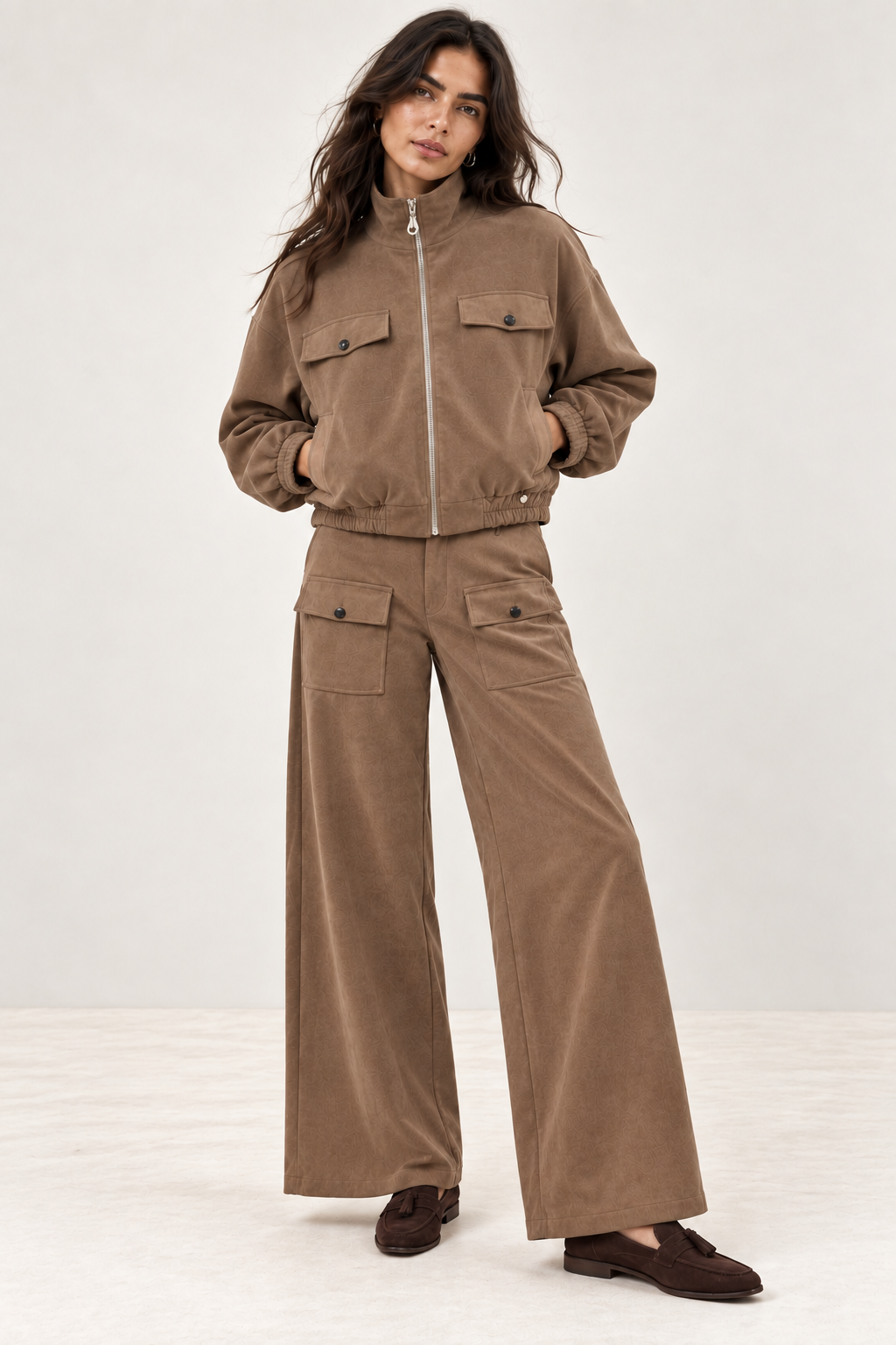 Bomber Cropped Beige en Símil Suede con Cremallera Oro Light – Lolitas&L
