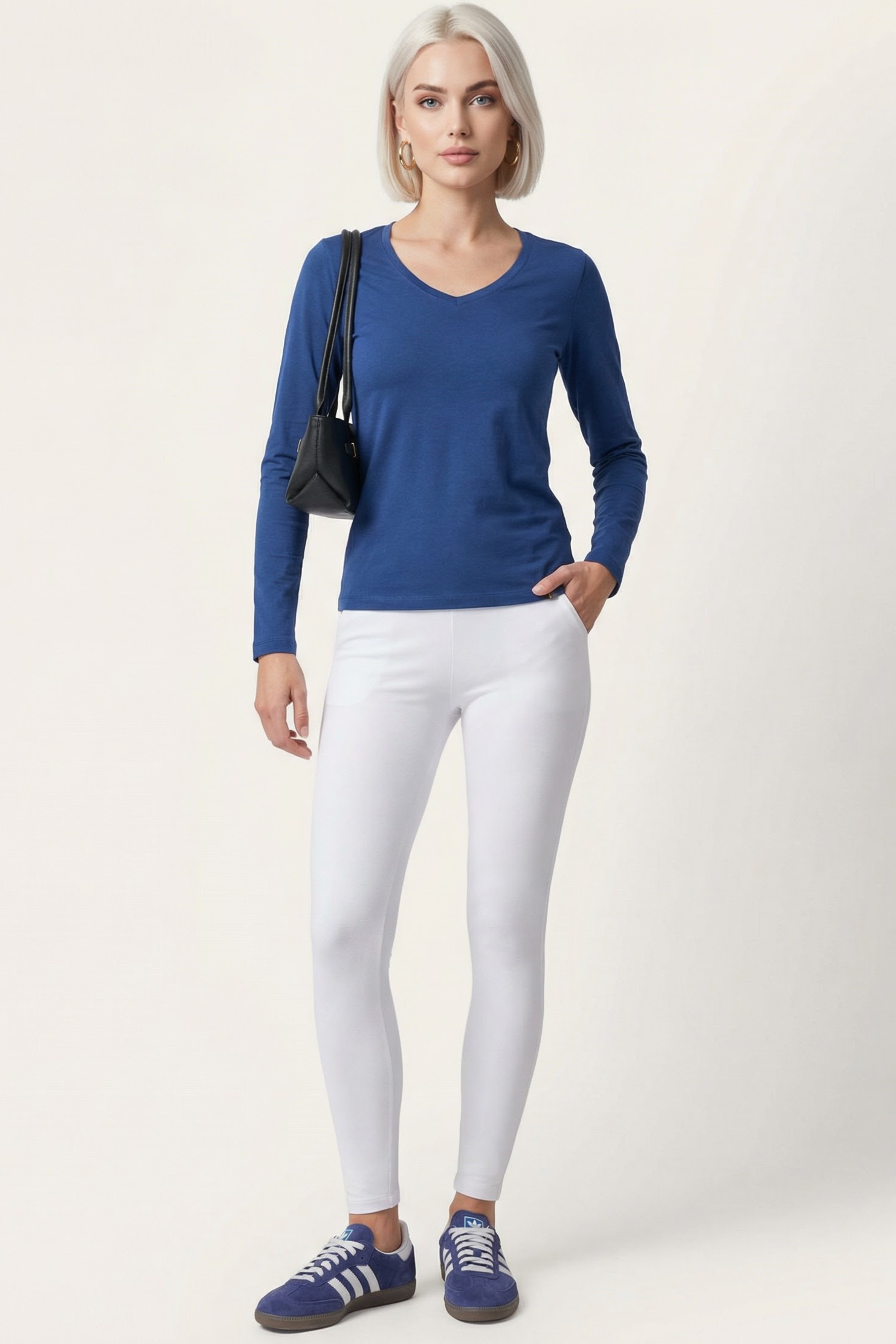 Camiseta azul basica con escote pico y manga larga Lolitas&L