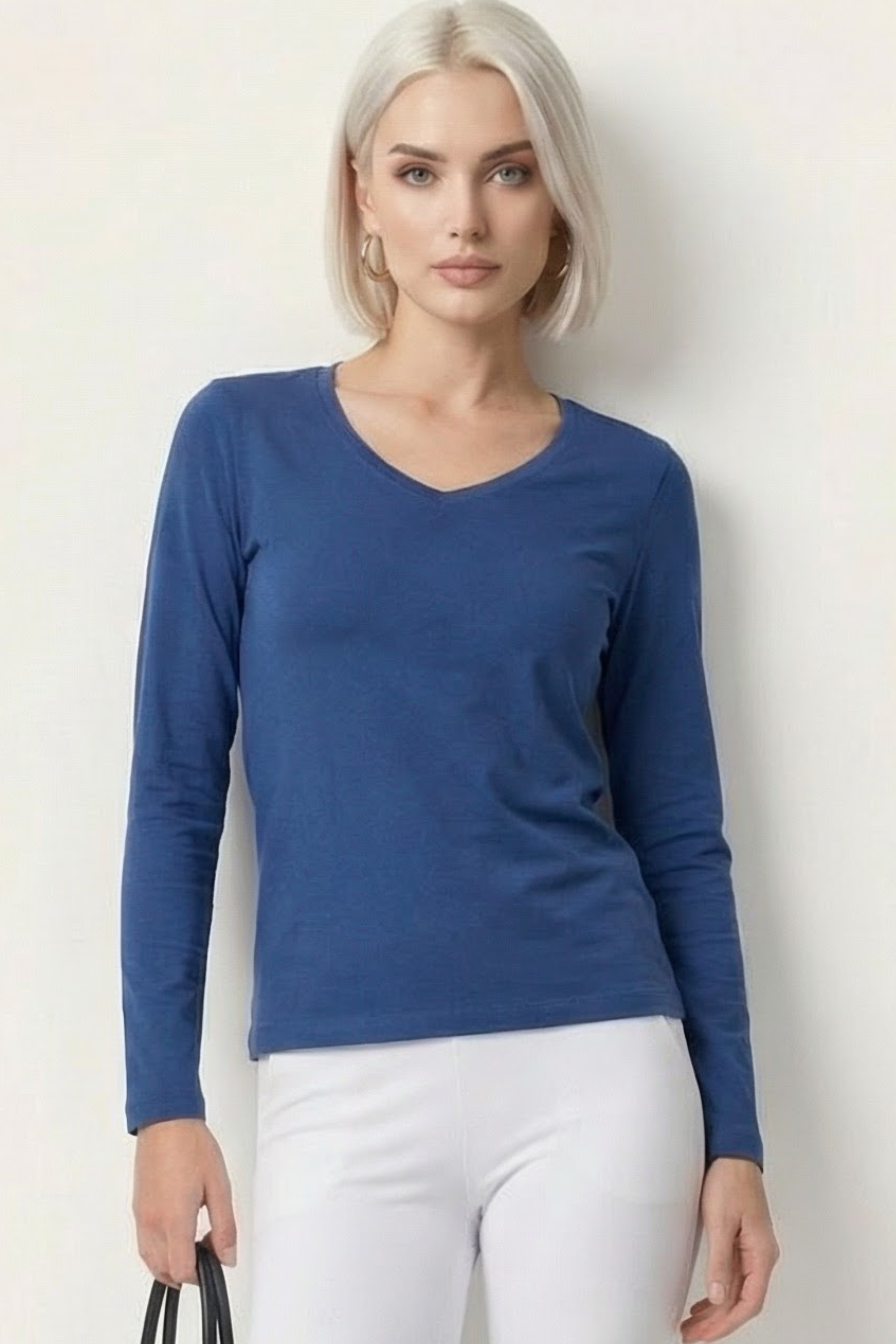 Camiseta azul basica con escote pico y manga larga Lolitas&L