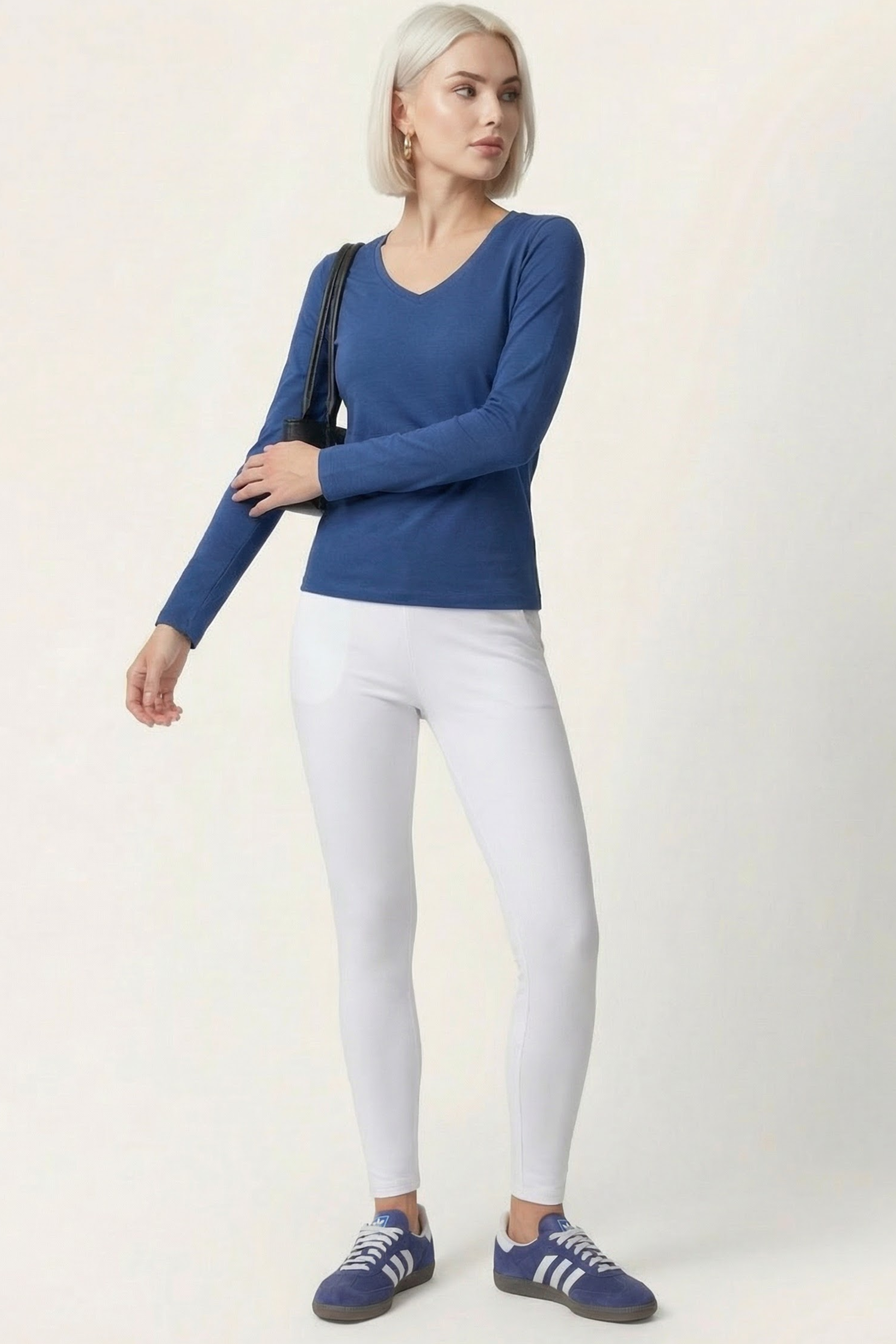 Camiseta azul basica con escote pico y manga larga Lolitas&L