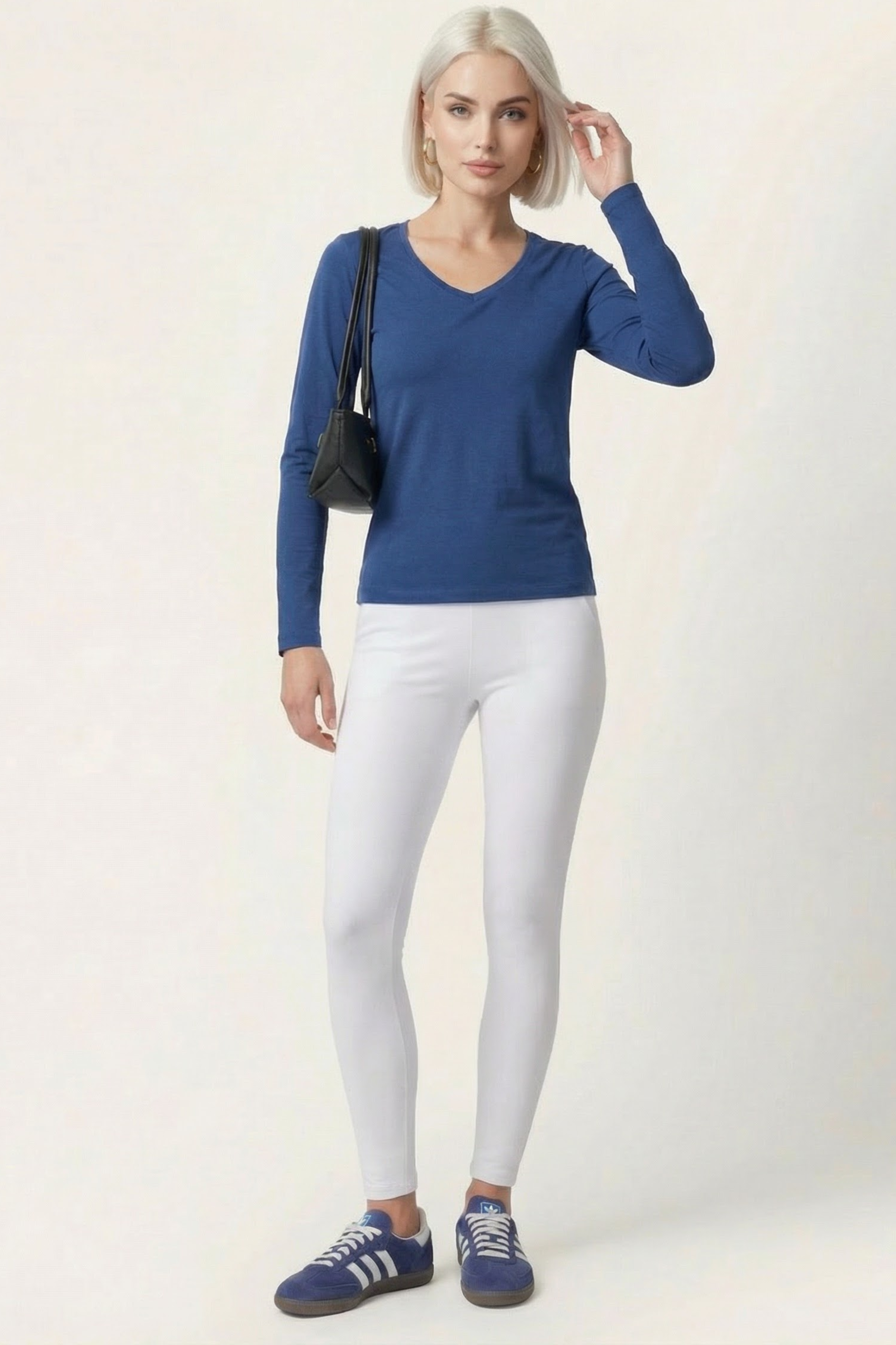 Camiseta azul basica con escote pico y manga larga Lolitas&L