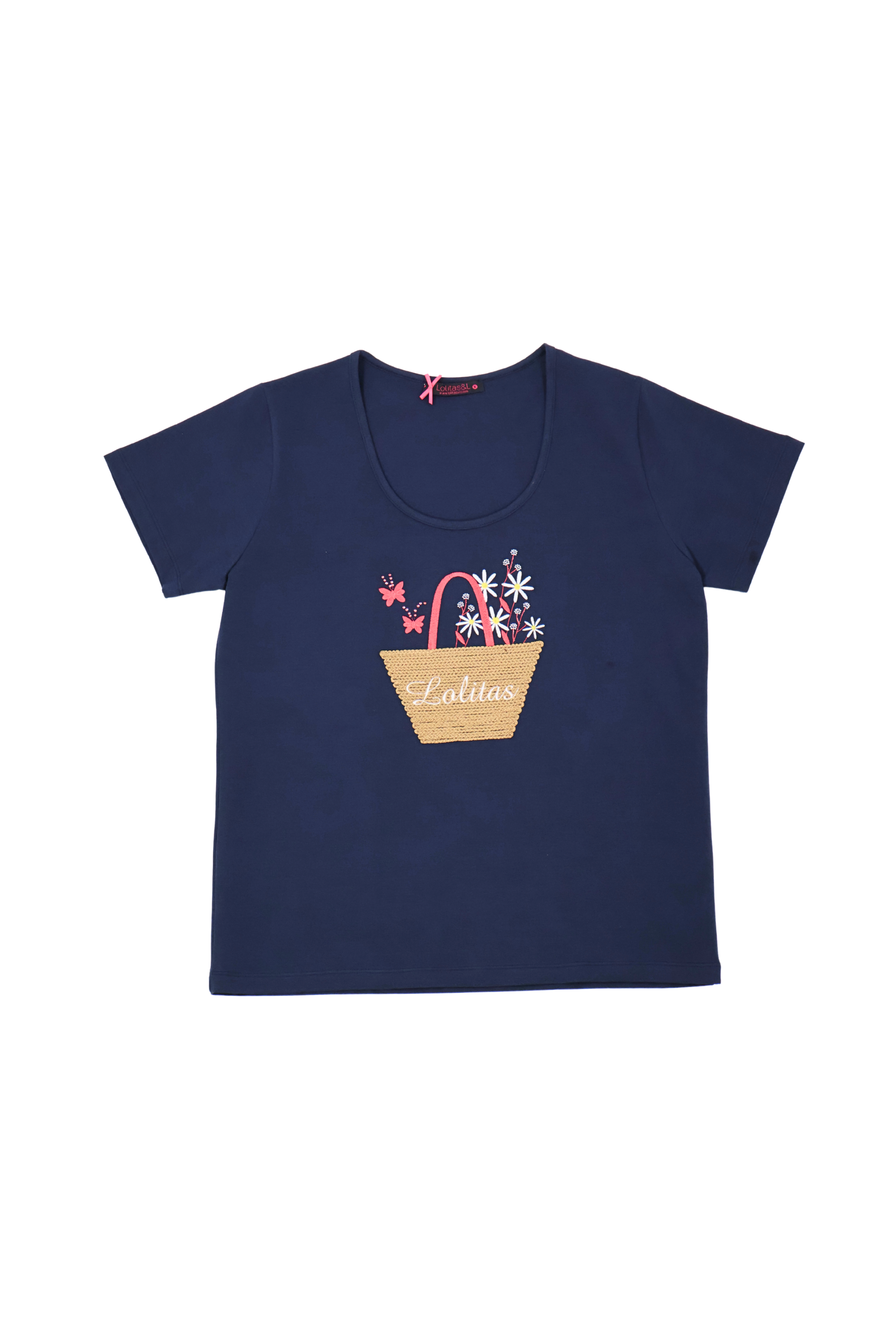 Camiseta azul con bordado cesta y flores de manga corta Lolitas&L
