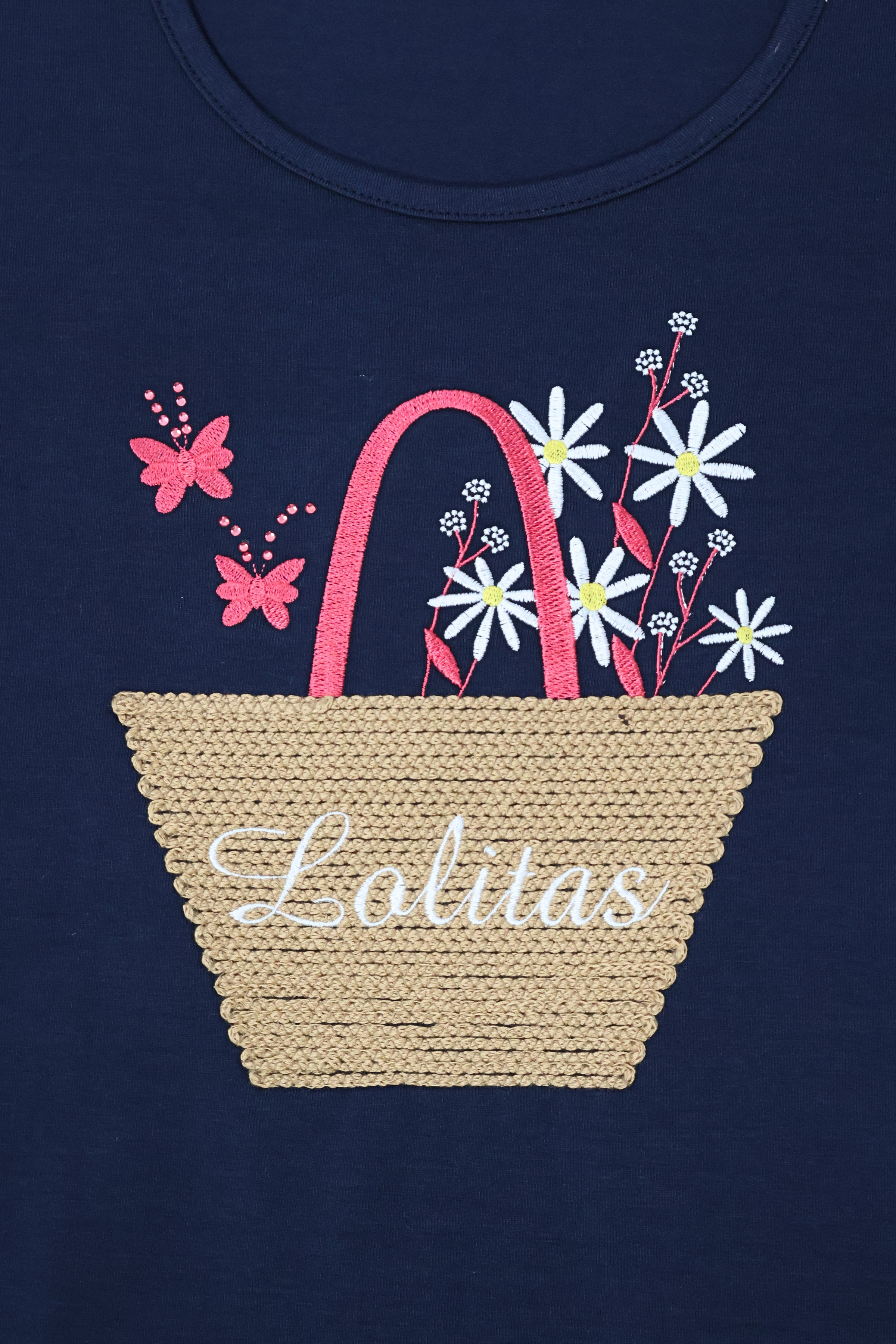Camiseta azul con bordado cesta y flores de manga corta Lolitas&L