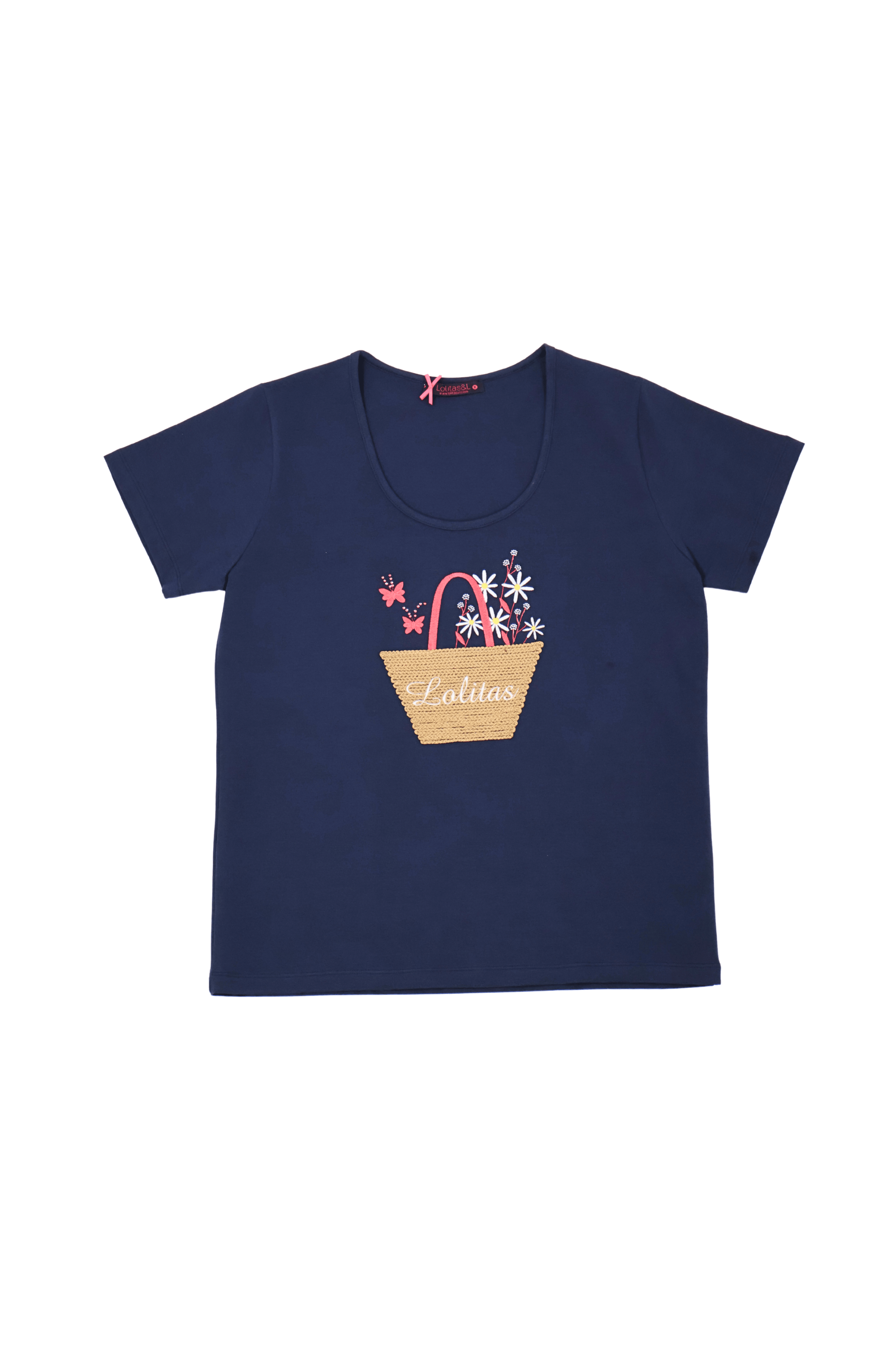 Camiseta azul con bordado cesta y flores de manga corta Lolitas&L - lolitasyl.com