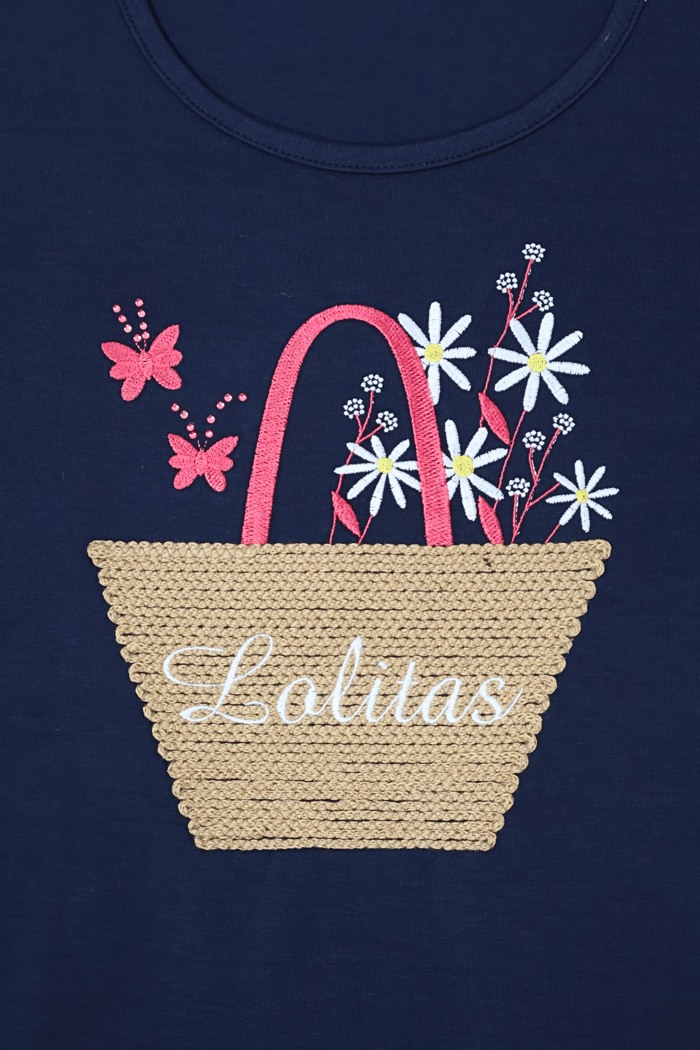Camiseta azul con bordado cesta y flores de manga corta Lolitas&L - lolitasyl.com