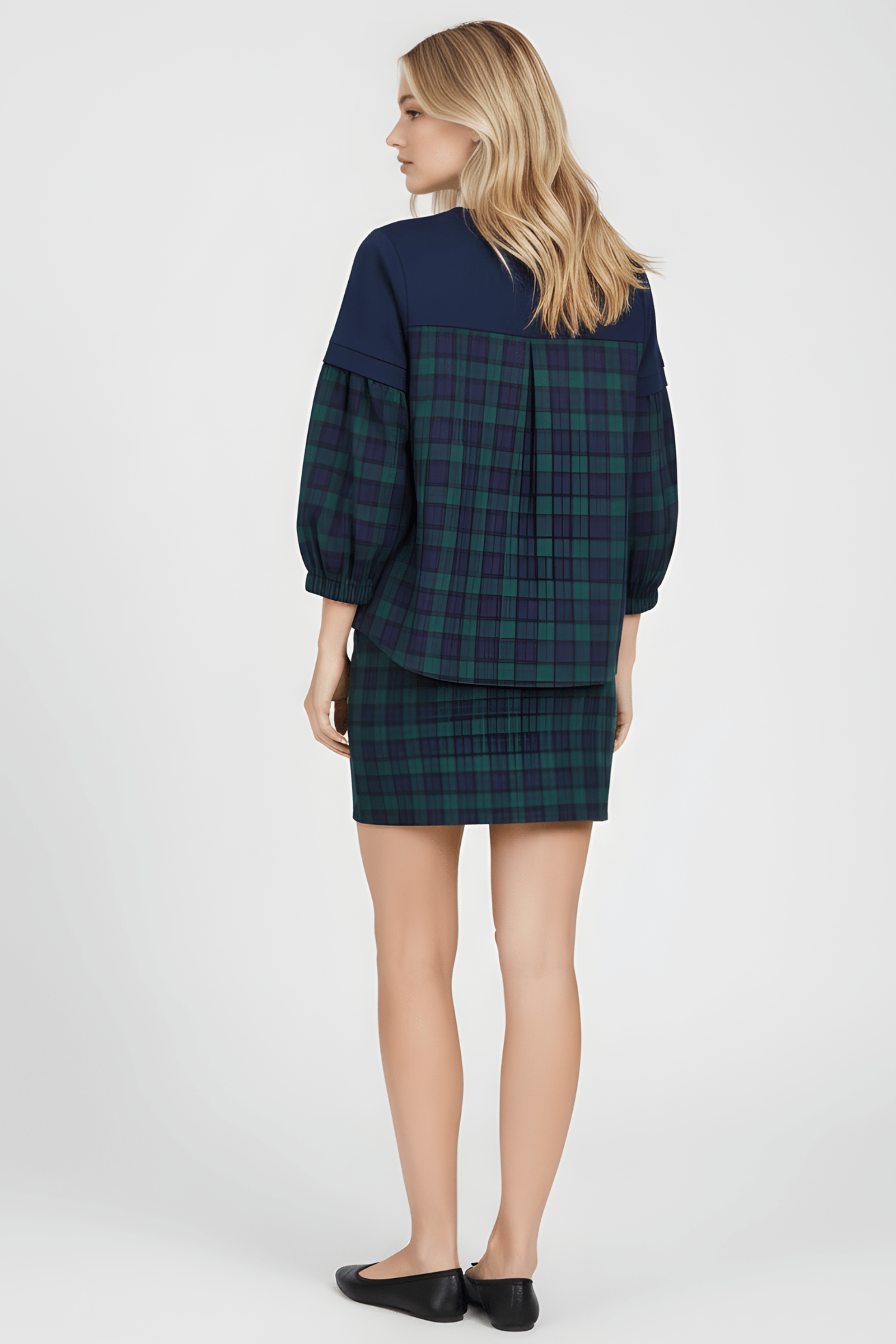 Camiseta azul con cuadro escoces verde bordado zapatillas Lolitas&L - lolitasyl.com