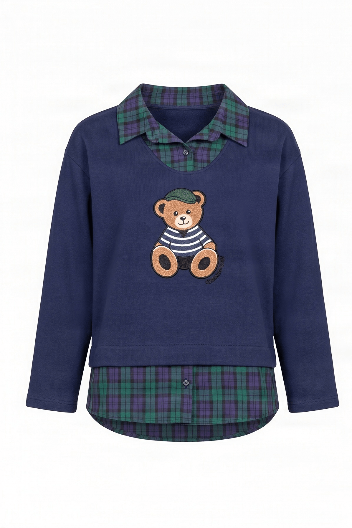 Camiseta azul con cuadro escoces verde y bordado osito Lolitas&L - lolitasyl.com