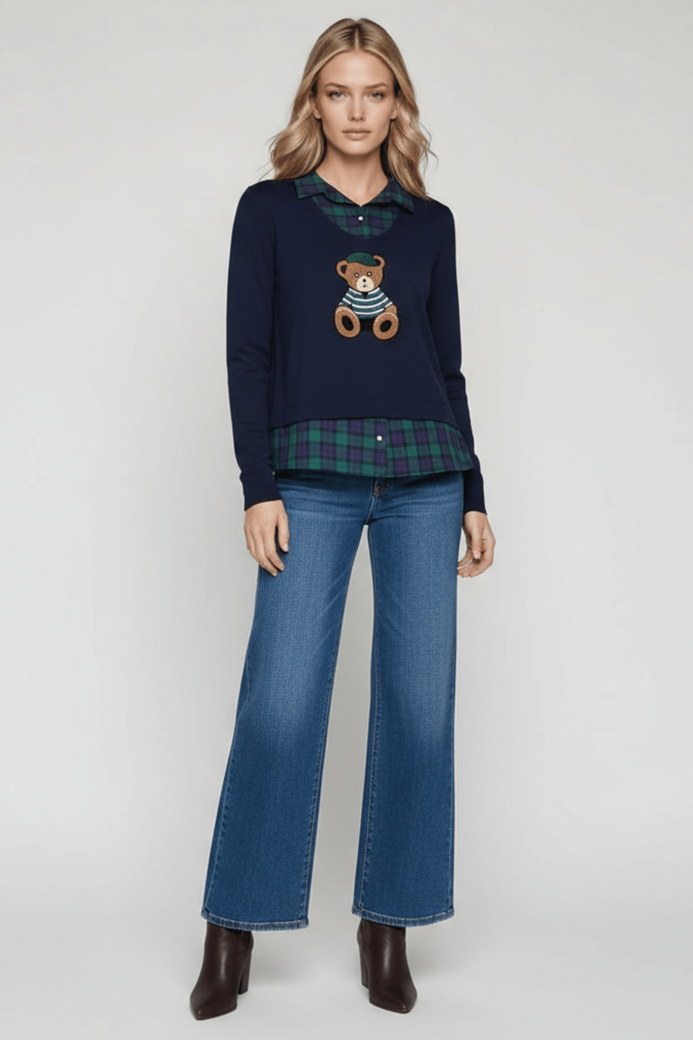 Camiseta azul con cuadro escoces verde y bordado osito Lolitas&L - lolitasyl.com