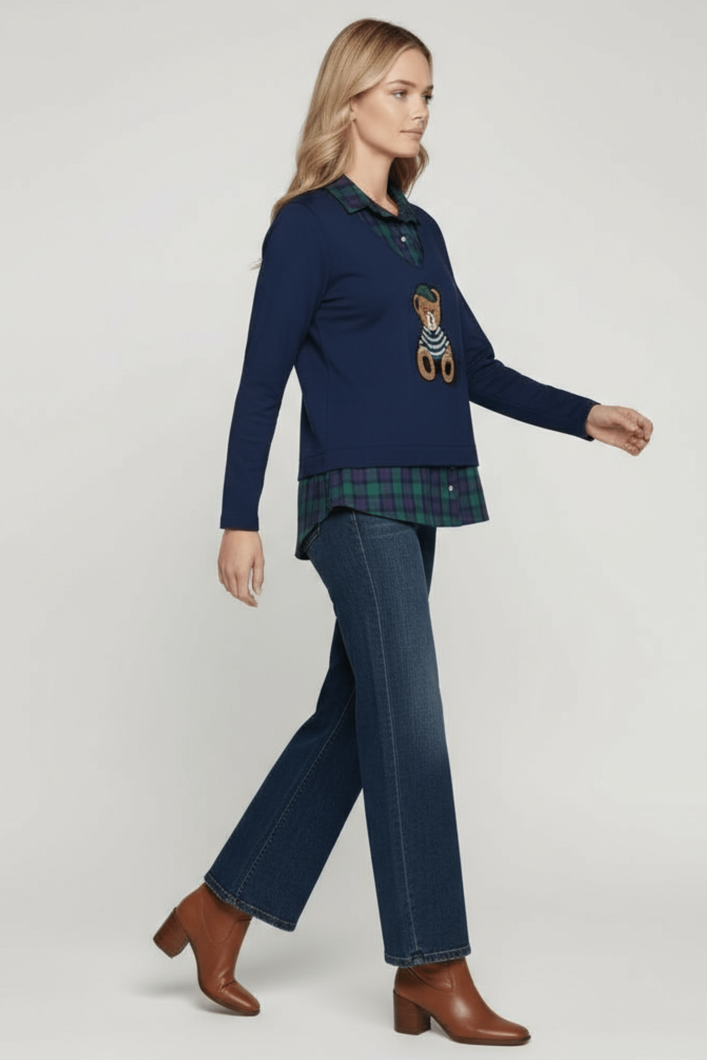 Camiseta azul con cuadro escoces verde y bordado osito Lolitas&L - lolitasyl.com