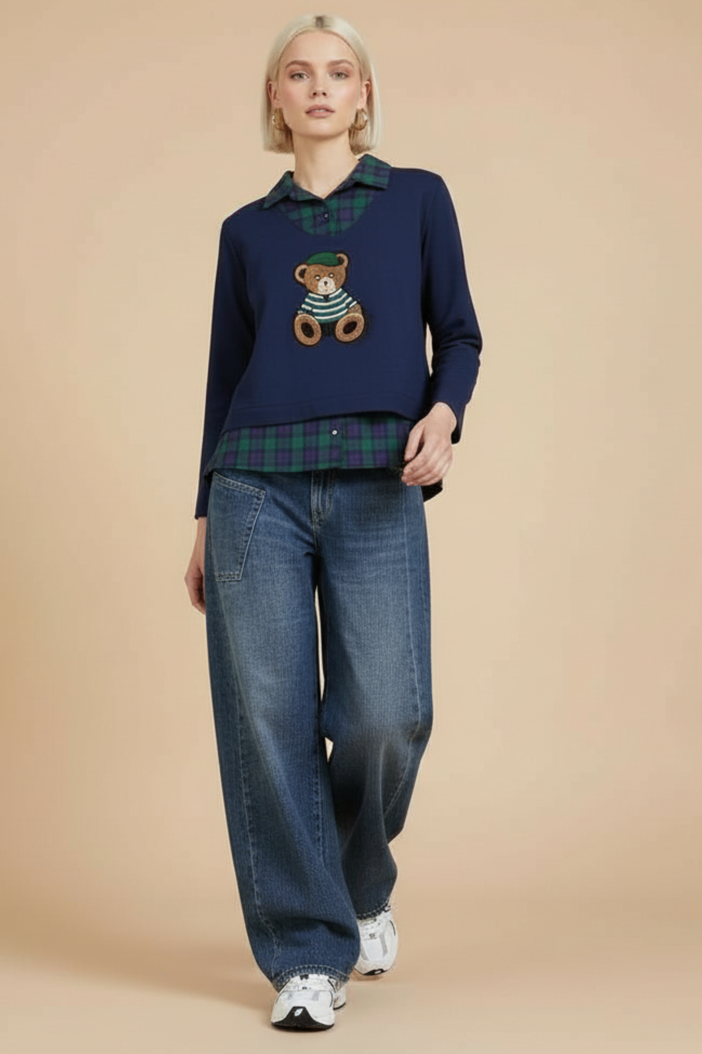 Camiseta azul con cuadro escoces verde y bordado osito Lolitas&L