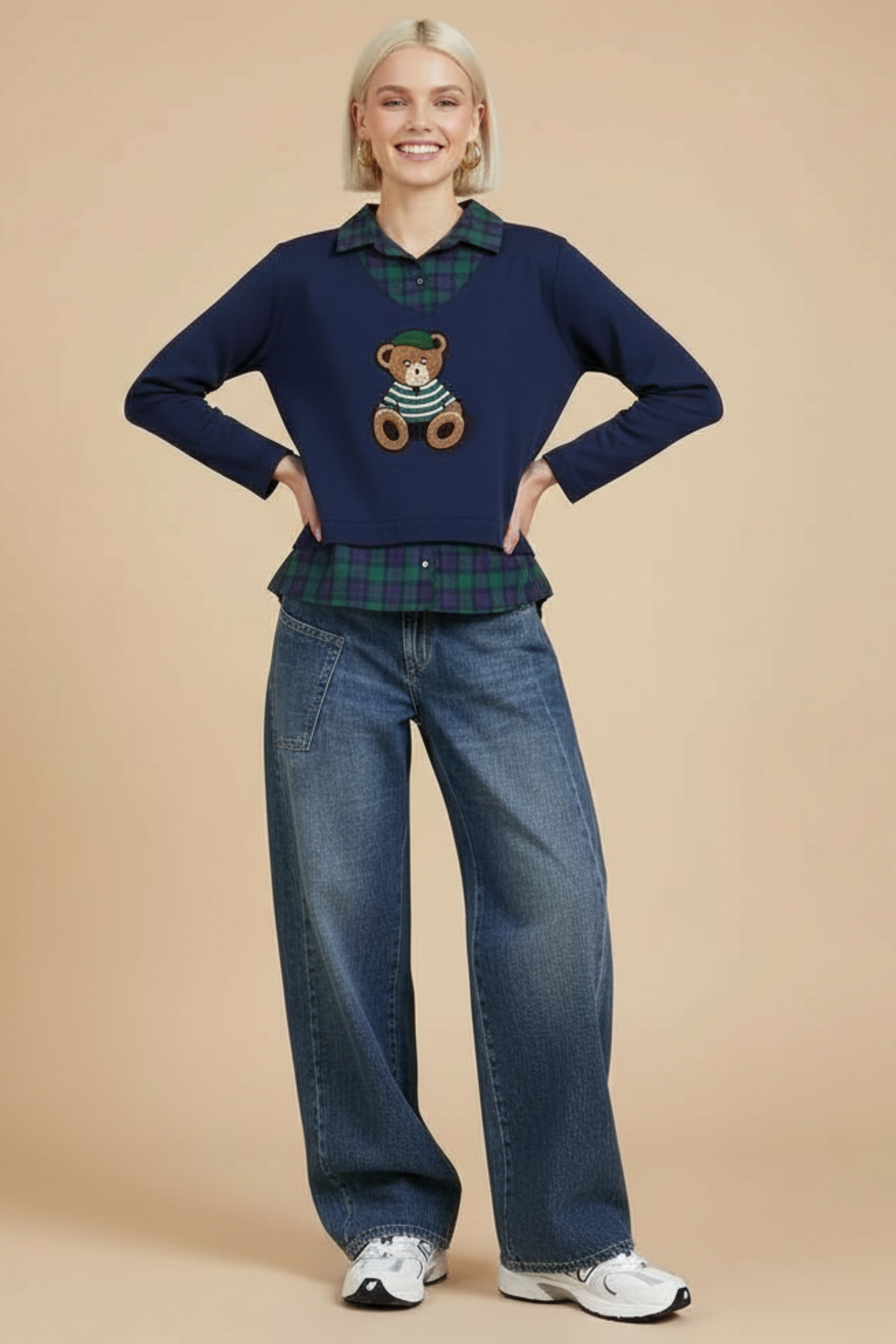 Camiseta azul con cuadro escoces verde y bordado osito Lolitas&L