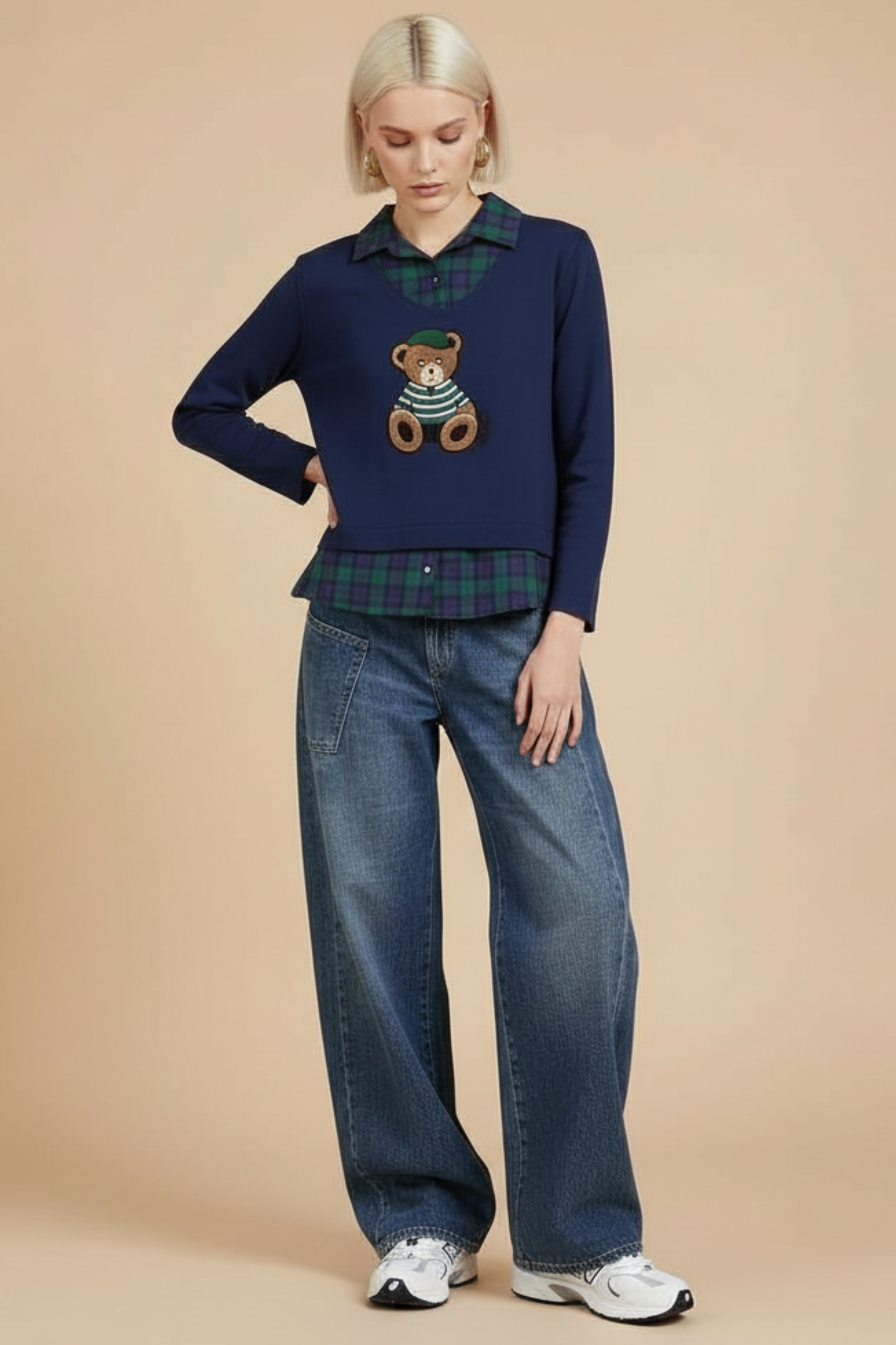 Camiseta azul con cuadro escoces verde y bordado osito Lolitas&L