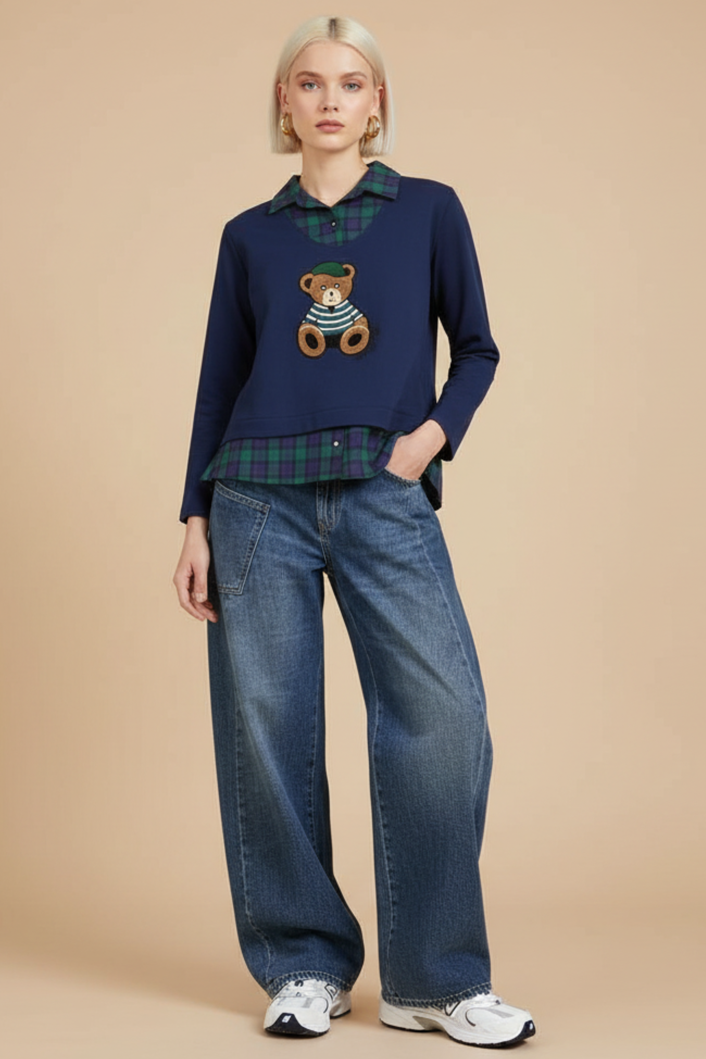 Camiseta azul con cuadro escoces verde y bordado osito Lolitas&L
