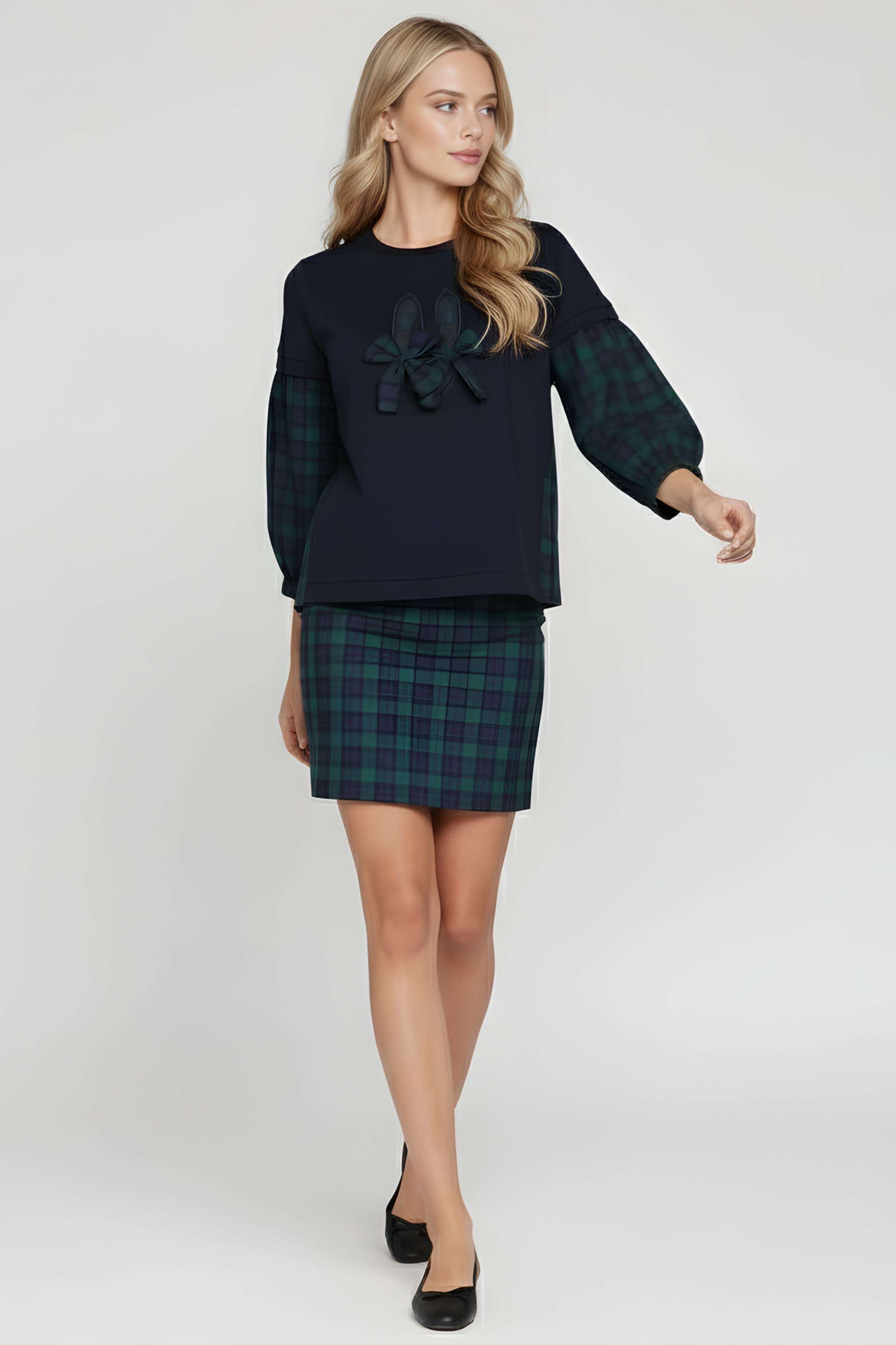 Camiseta azul con cuadro escoces verde bordado zapatillas Lolitas&L