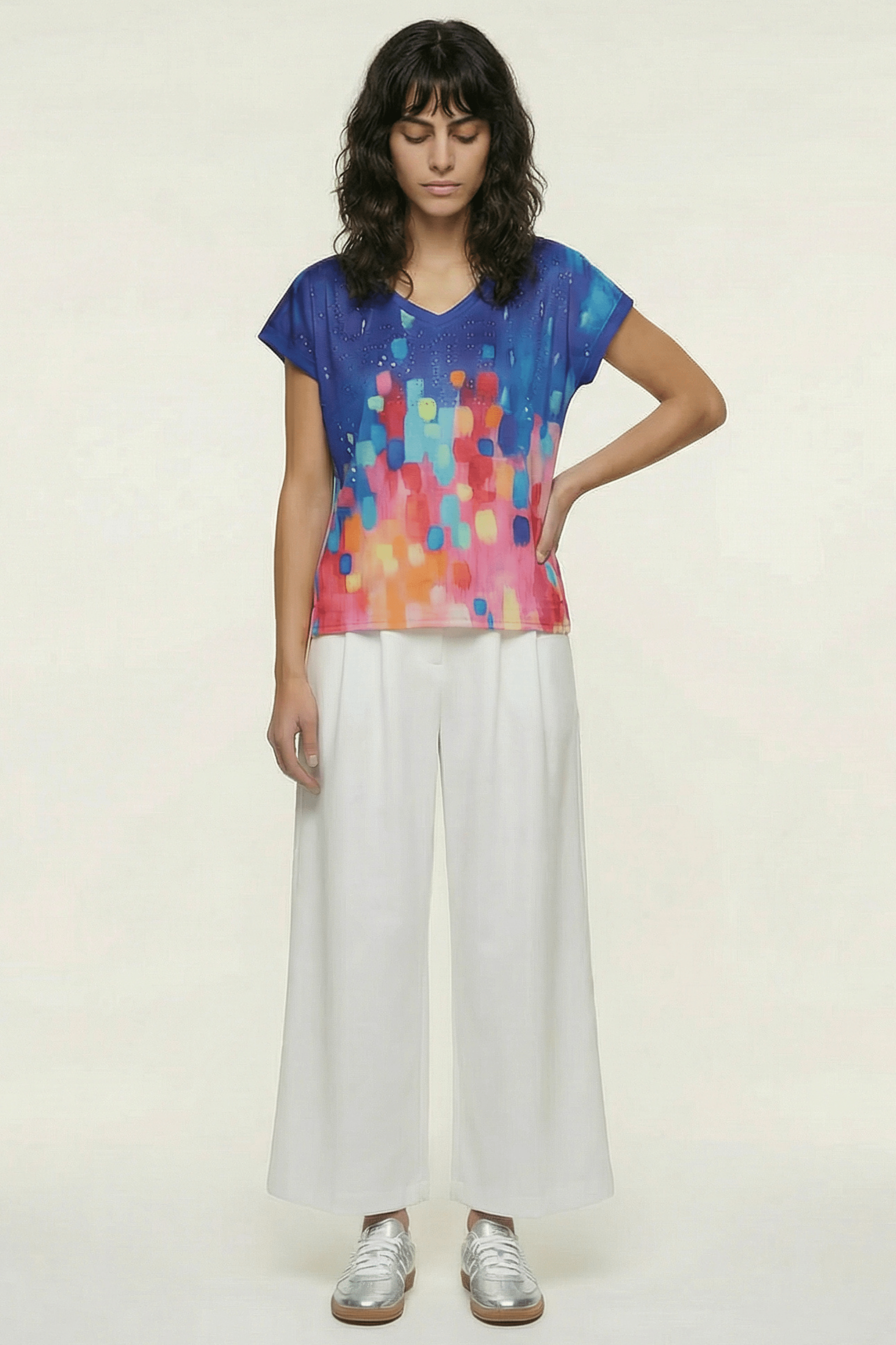 Camiseta azul estampado pintura multicolor con strass Lolitas&L - lolitasyl.com