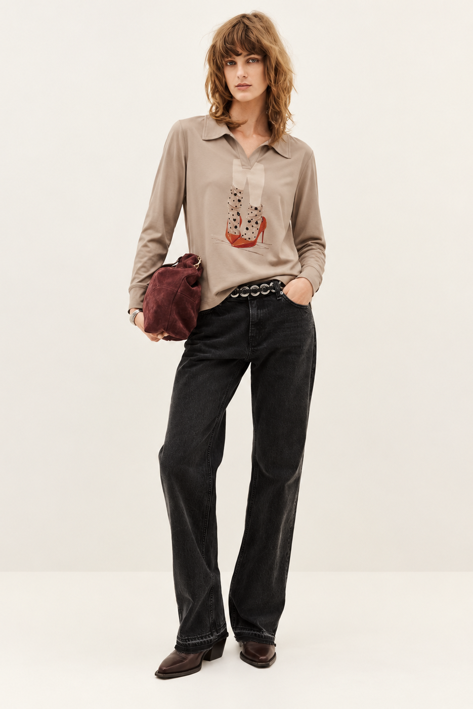 Camiseta Beige de Algodón con Cuello Polo y Estampación Digital – Lolitas&L