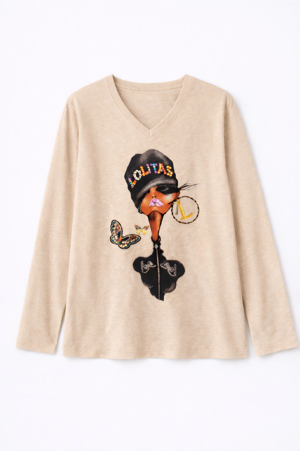 Camiseta Beige de Algodón con Escote Pico, Estampado Digital y Accesorios – Lolitas&L - lolitasyl.com