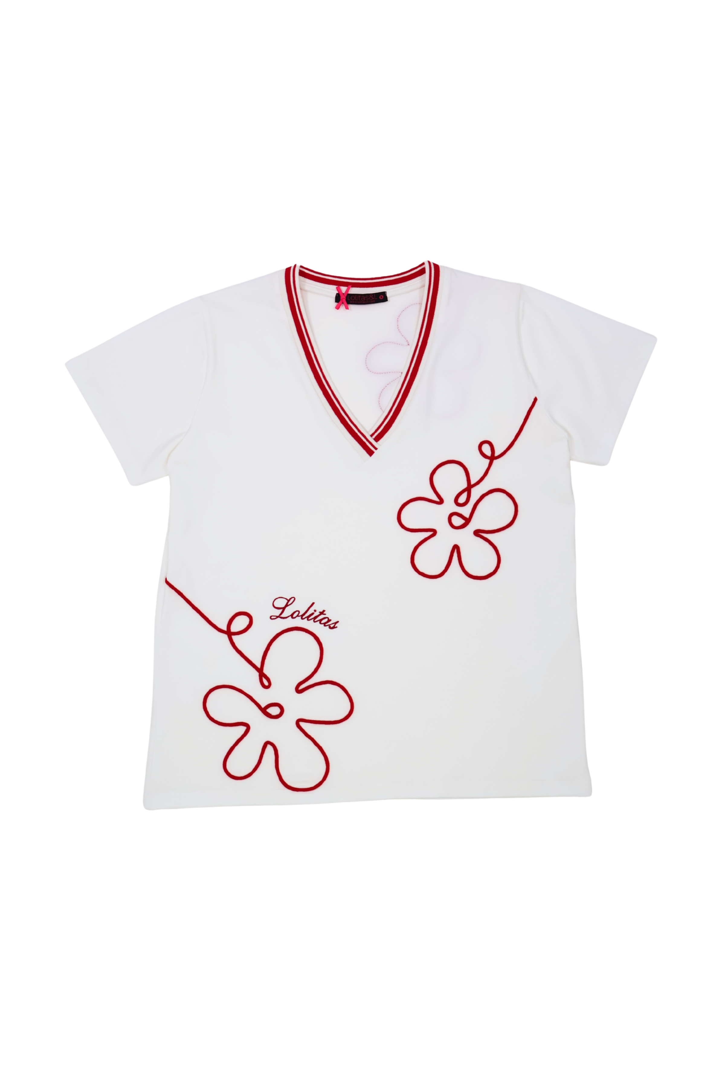 Camiseta blanca con bordado flor en contraste rojo Lolitas&L