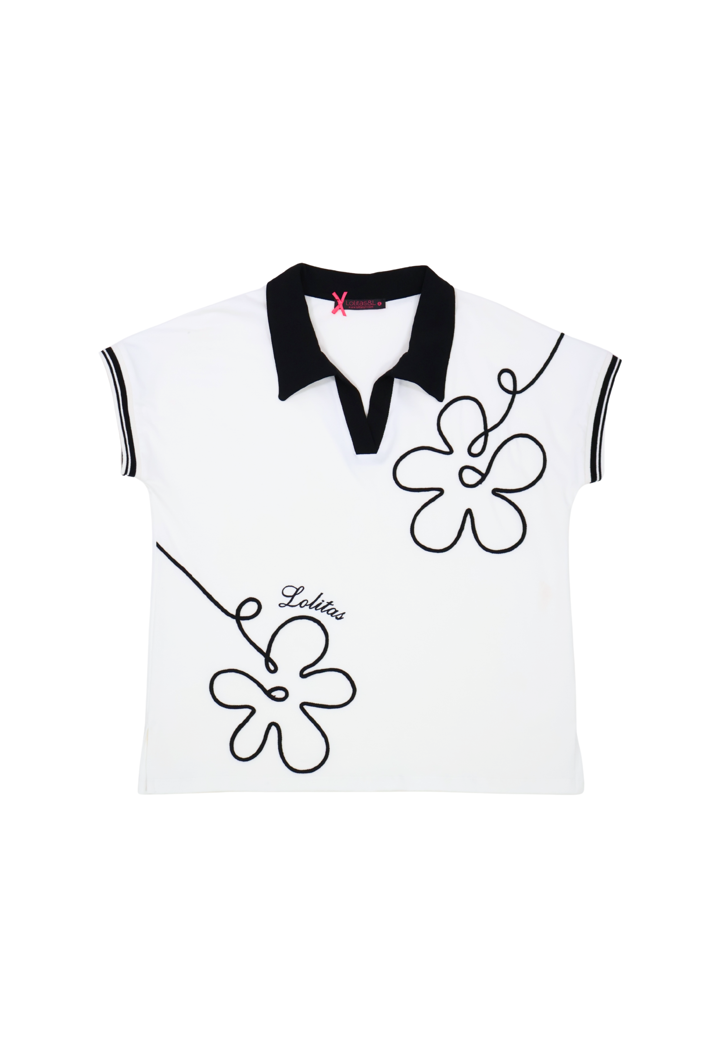 Camiseta blanca con bordado flor y cuello polo Lolitas&L