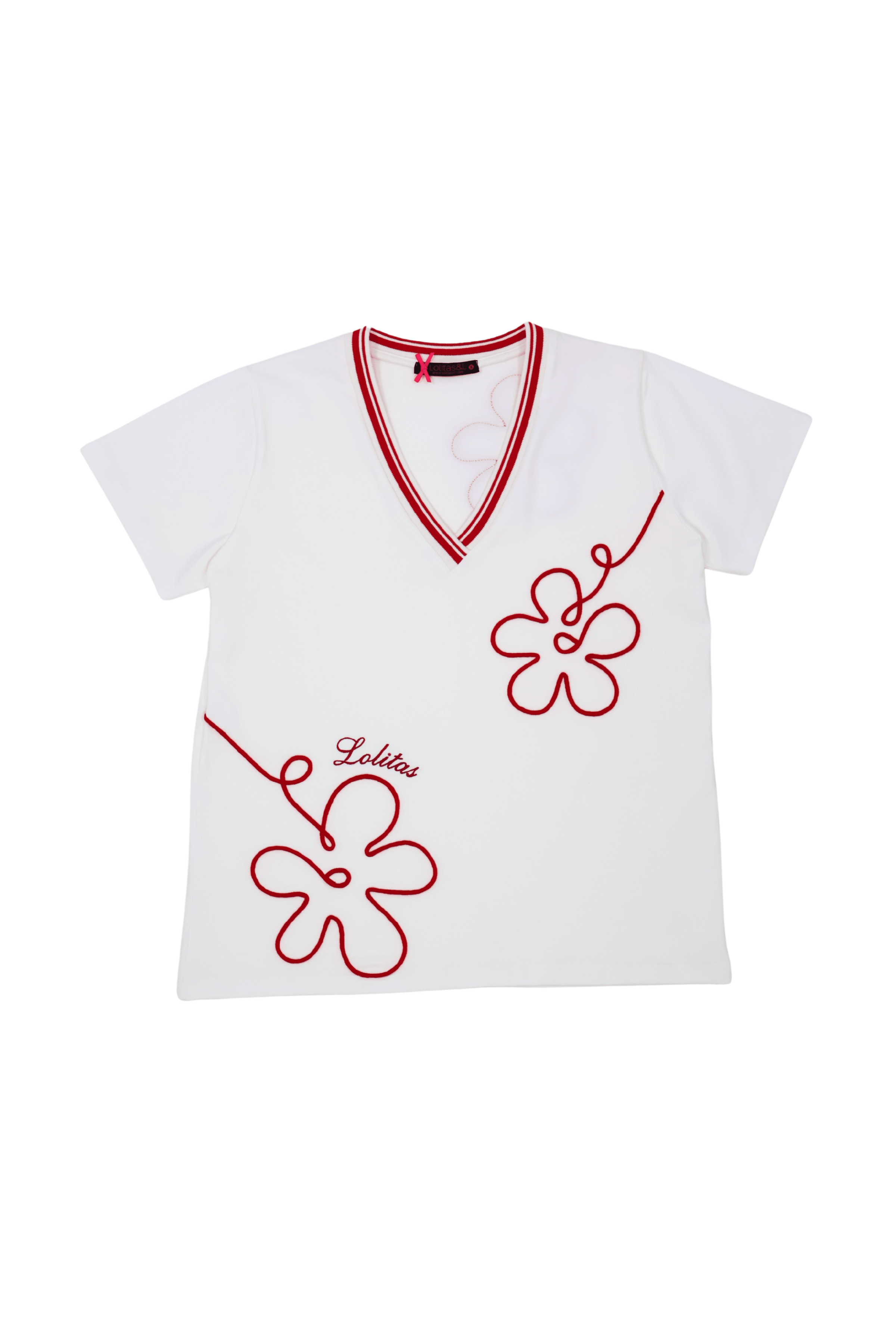 Camiseta blanca con bordado flor en contraste rojo Lolitas&L - lolitasyl.com