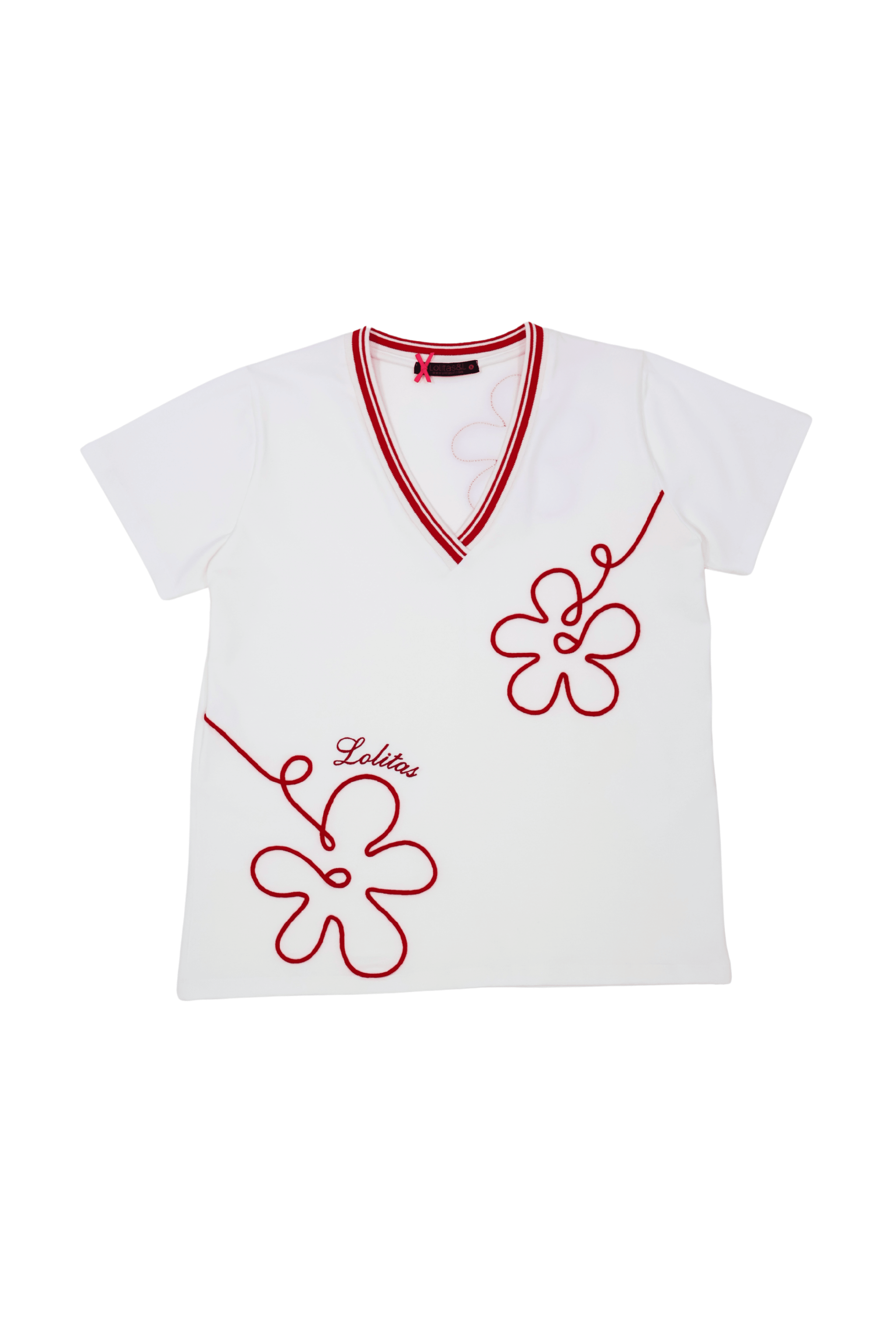 Camiseta blanca con bordado flor en contraste rojo Lolitas&L - lolitasyl.com