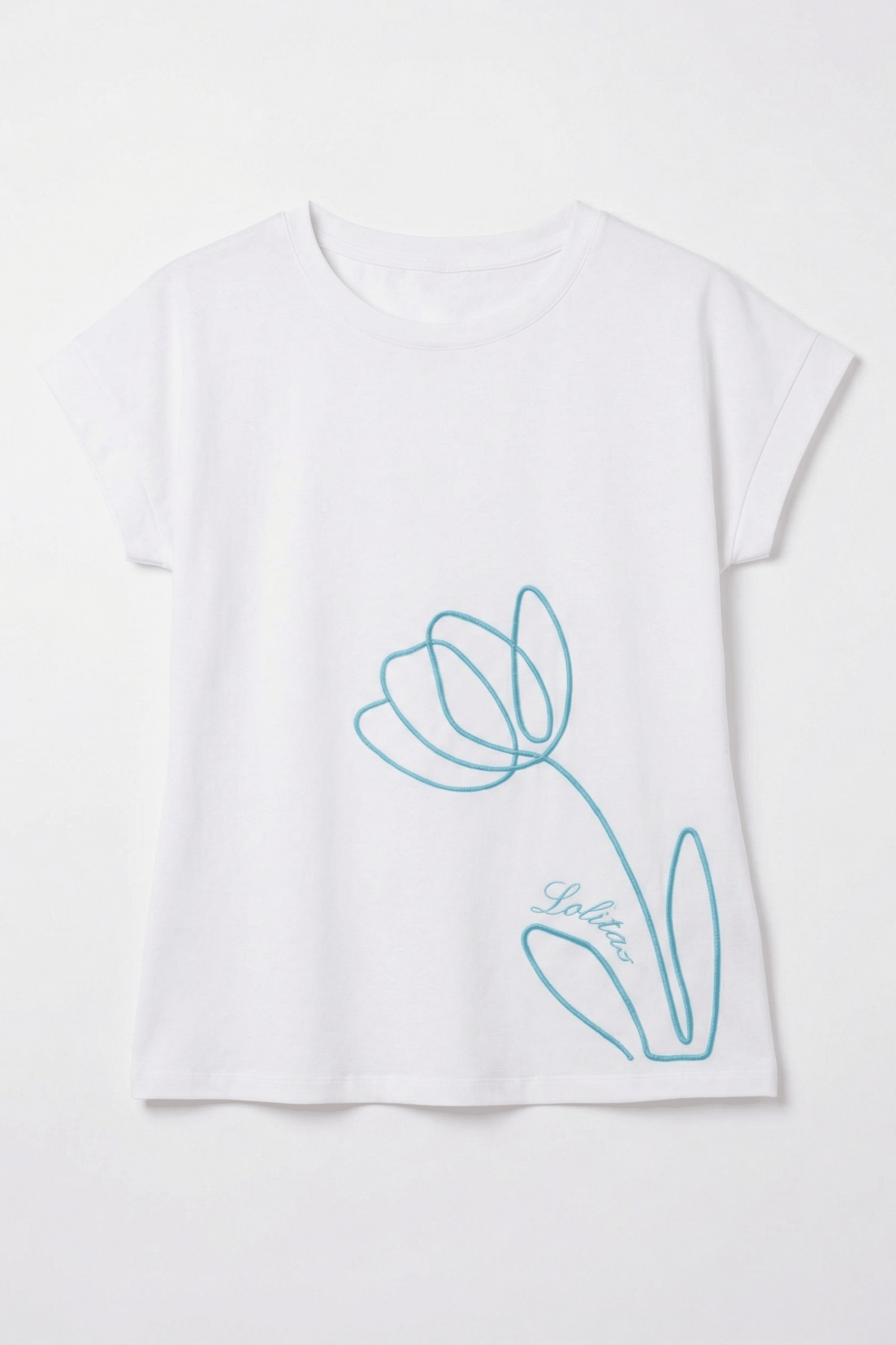 Camiseta blanca con bordado flor en cordon Lolitas&L - lolitasyl.com