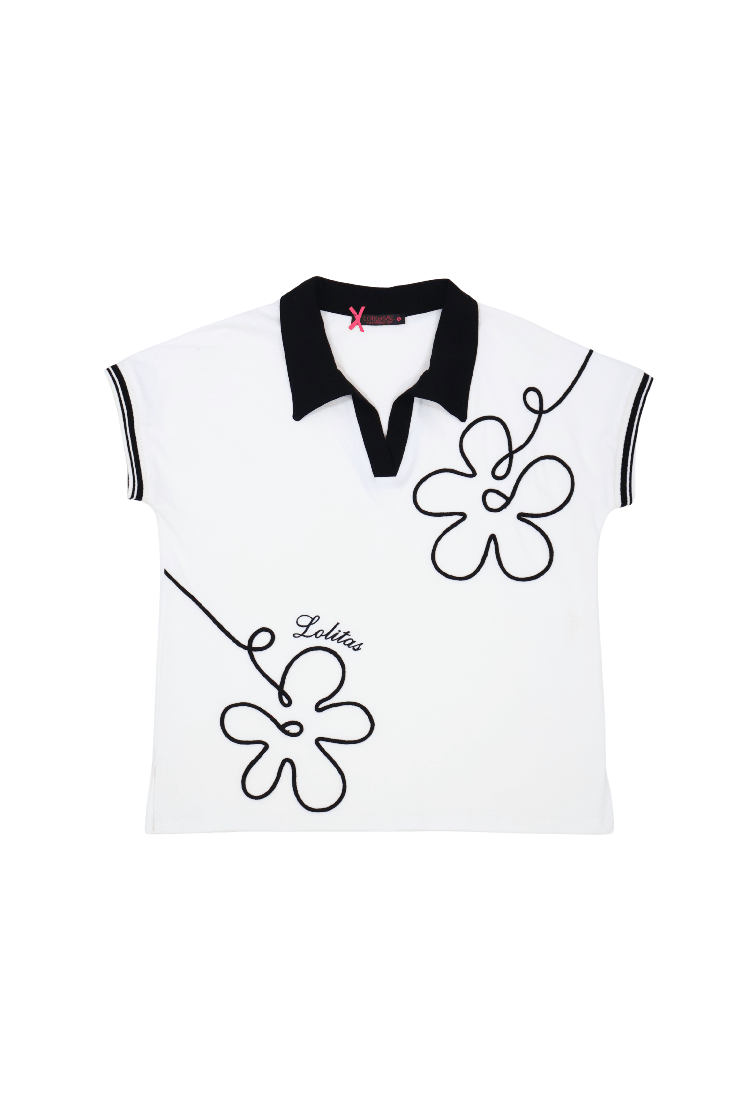 Camiseta blanca con bordado flor y cuello polo Lolitas&L - lolitasyl.com