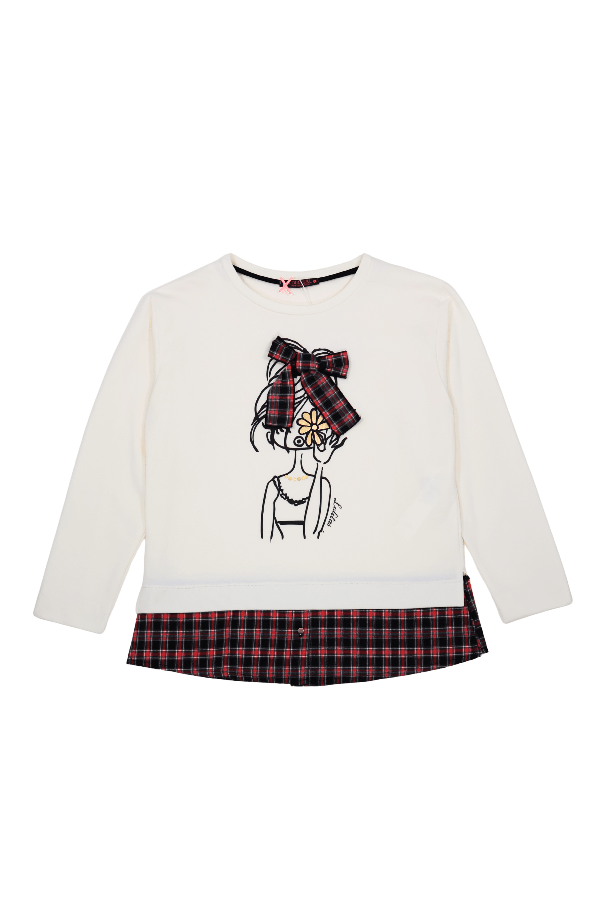 Camiseta blanca con estampado muñeca y lazo cuadro escoces Lolitas&L - lolitasyl.com