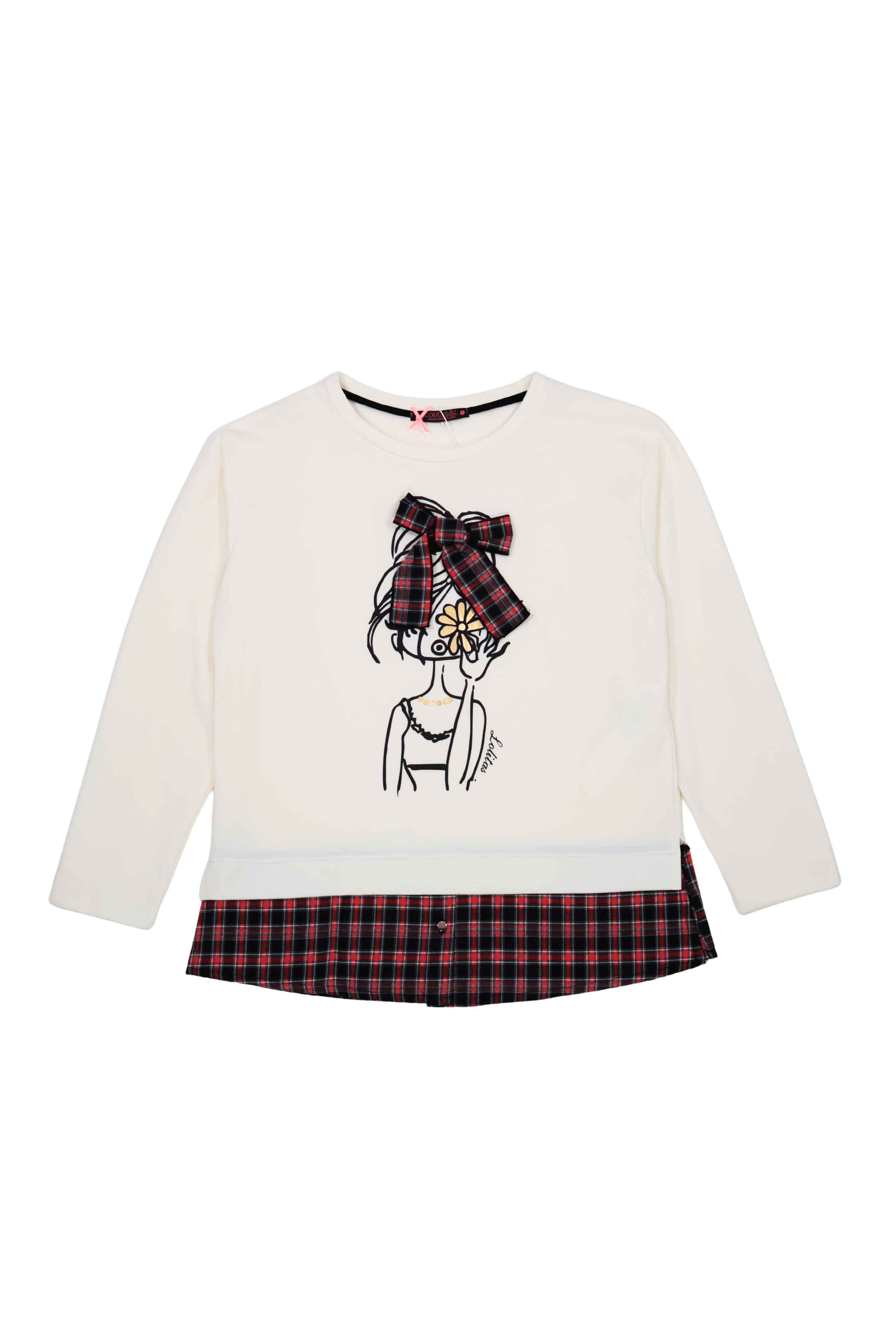 Camiseta blanca con estampado muñeca y lazo cuadro escoces Lolitas&L - lolitasyl.com