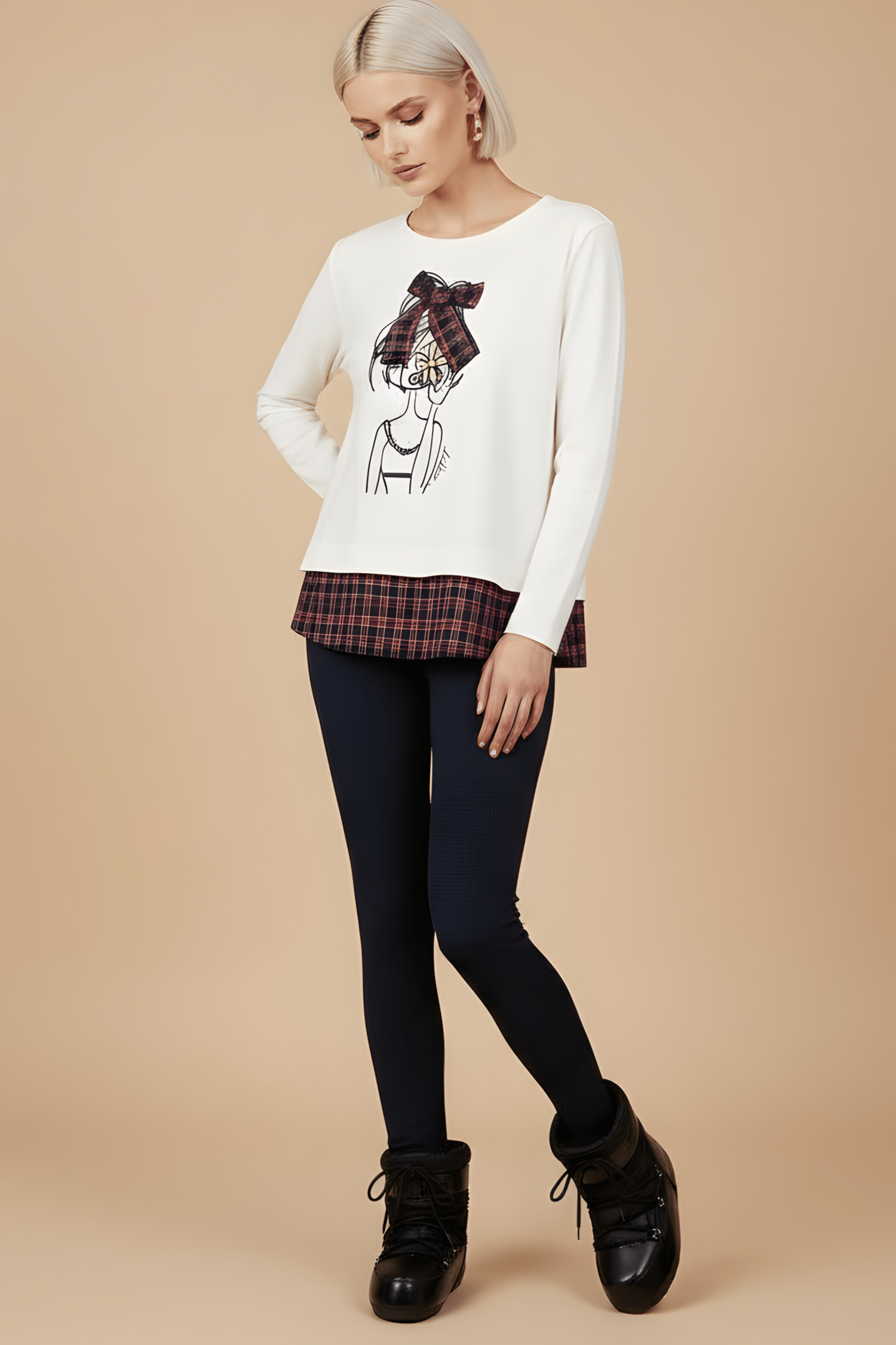 Camiseta blanca con estampado muñeca y lazo cuadro escoces Lolitas&L - lolitasyl.com