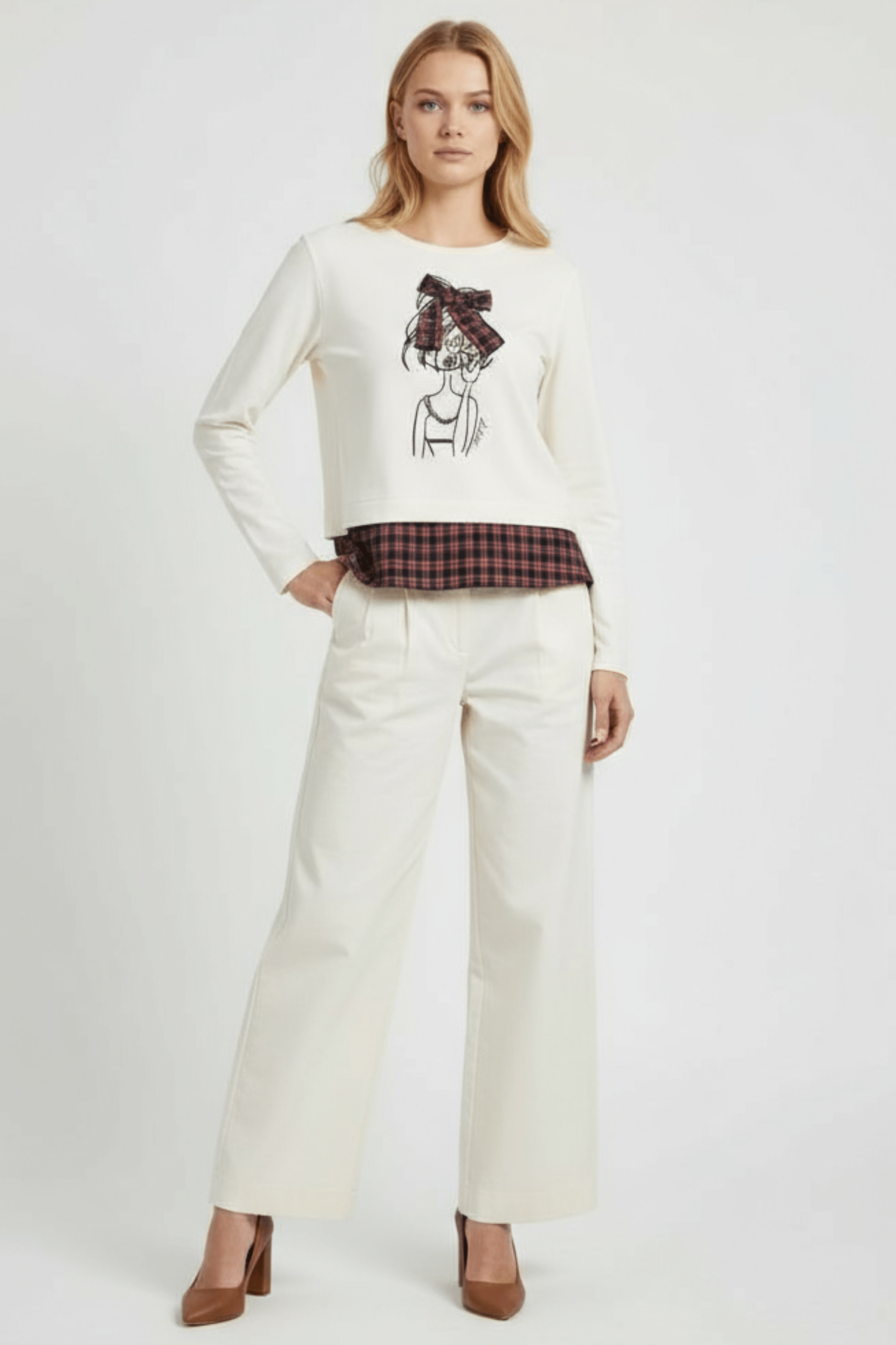 Camiseta blanca con estampado muñeca y lazo cuadro escoces Lolitas&L - lolitasyl.com