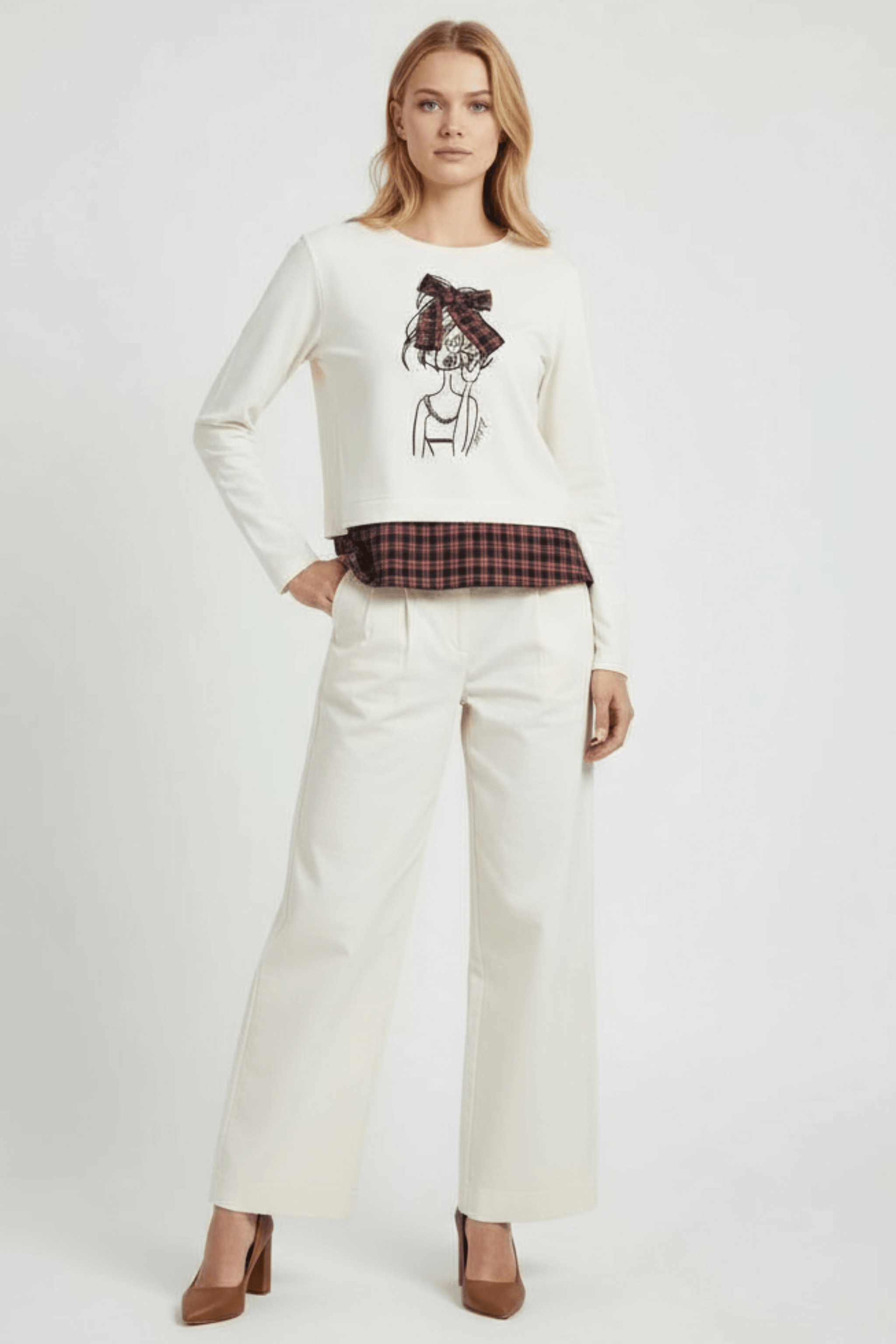 Camiseta blanca con estampado muñeca y lazo cuadro escoces Lolitas&L - lolitasyl.com